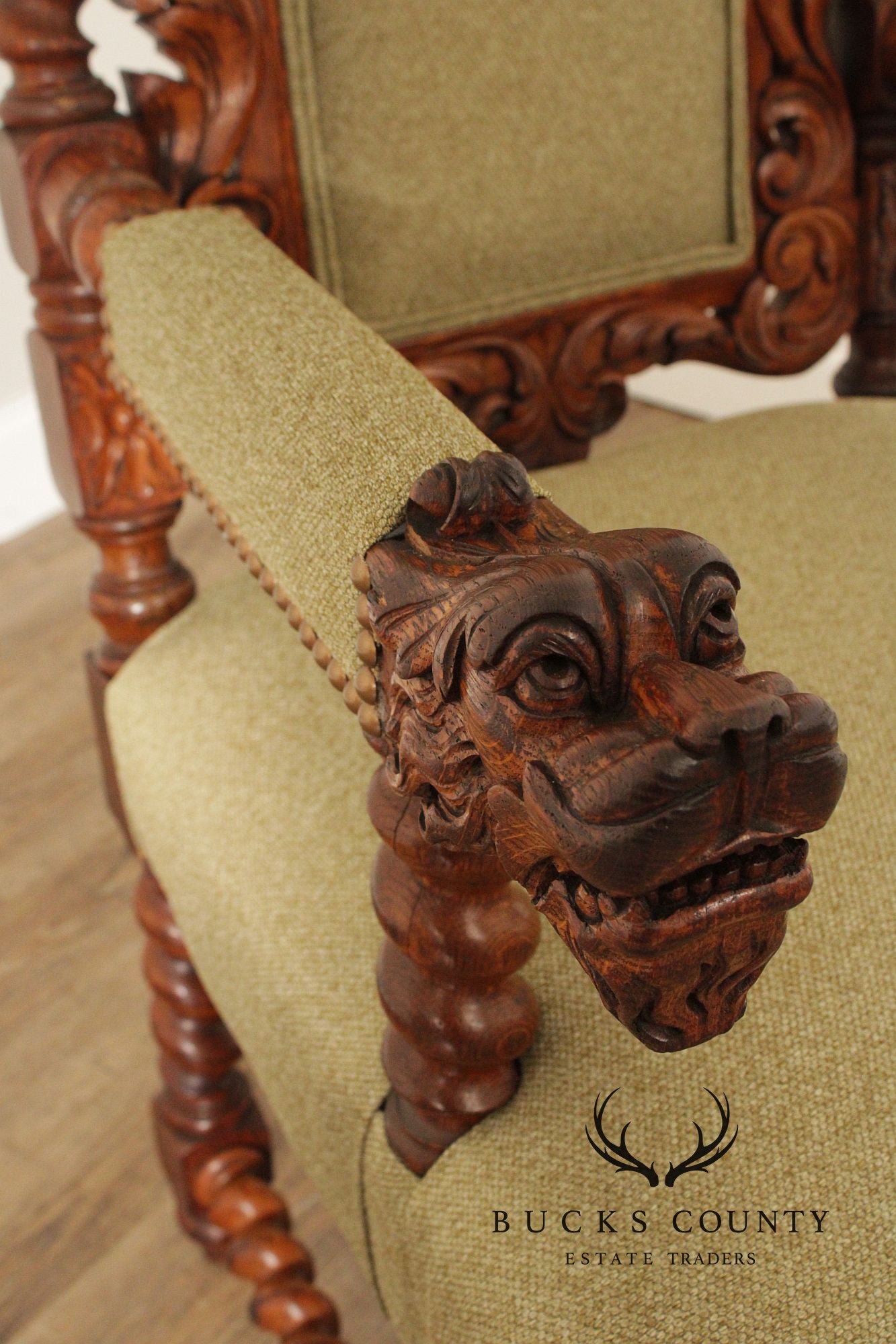 Renaissance Revival Antique Carved Oak Pair of Armchairs