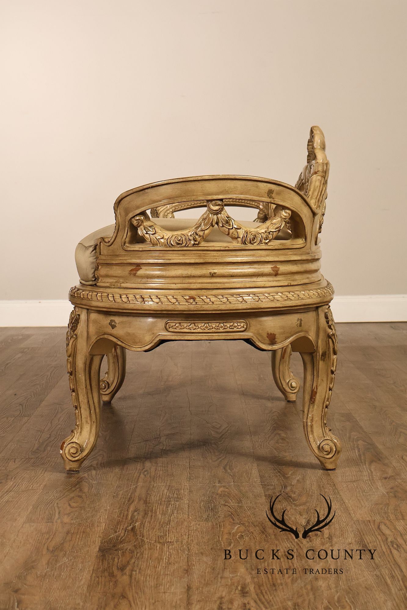 French Louis XV Style Carved Painted Upholstered Bench