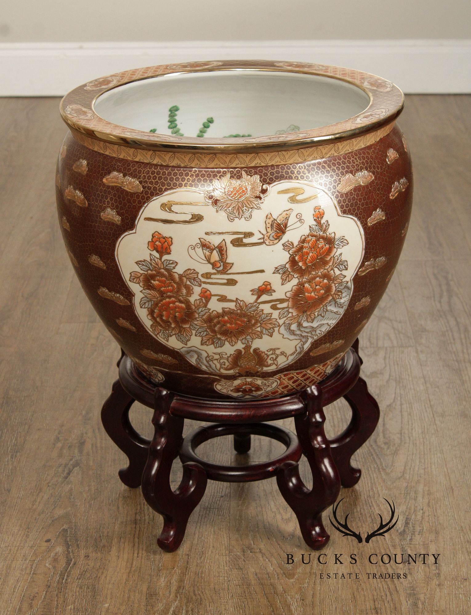 Vintage Chinese Porcelain Fishbowl Planter on Stand