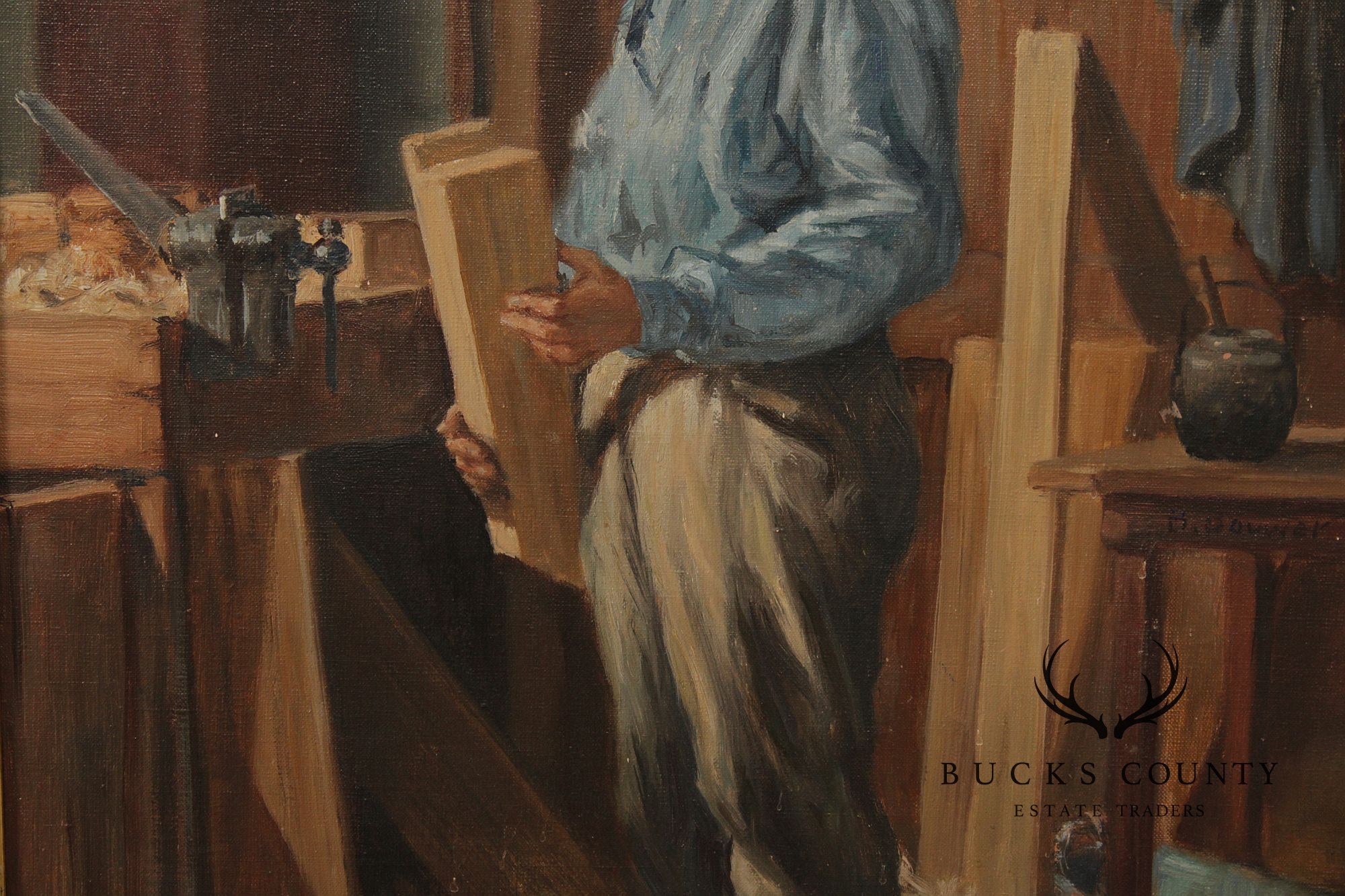 Genre Style Signed Oil Painting, The Carpenter