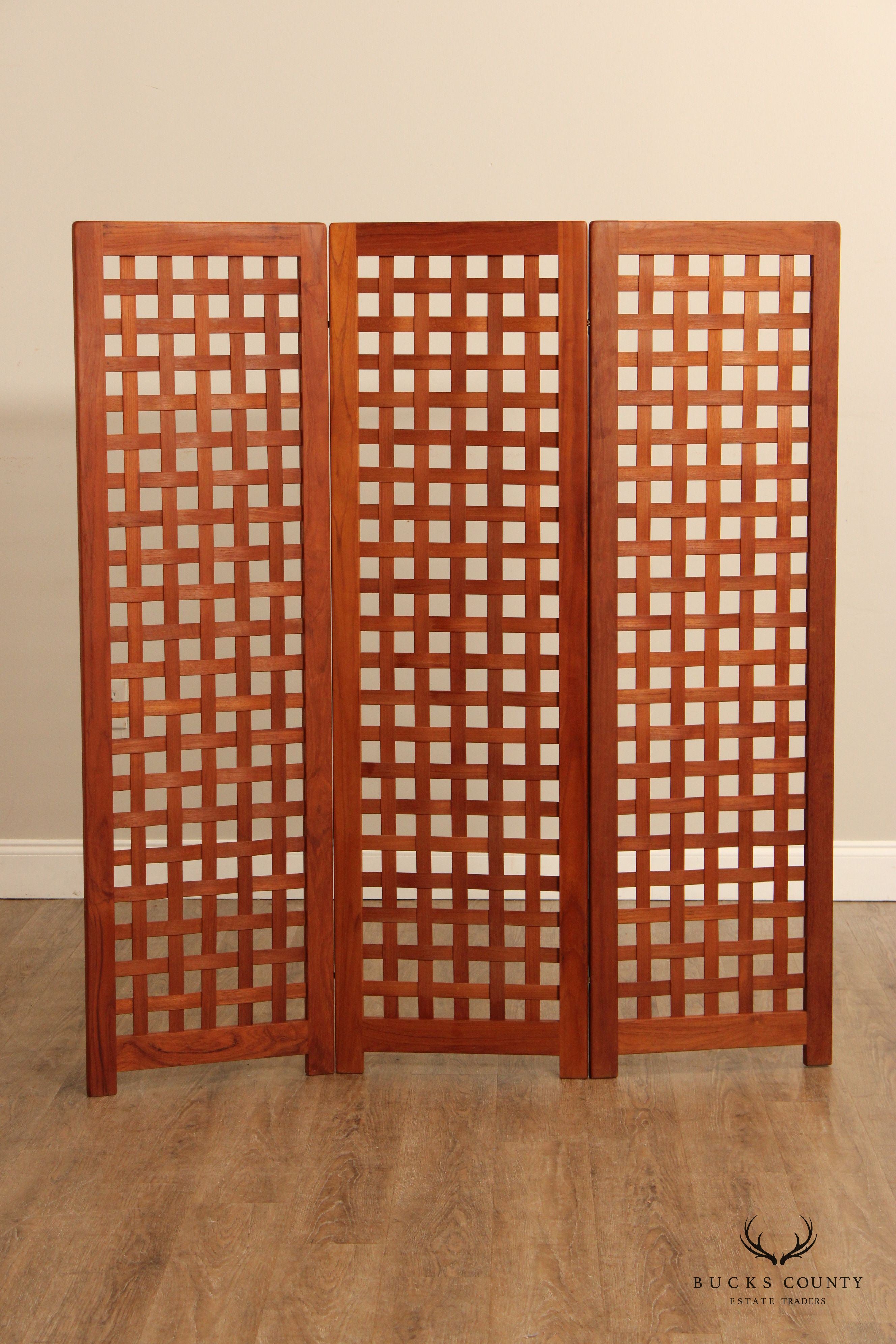 Vintage Latticed Teak Three Panel Folding Screen