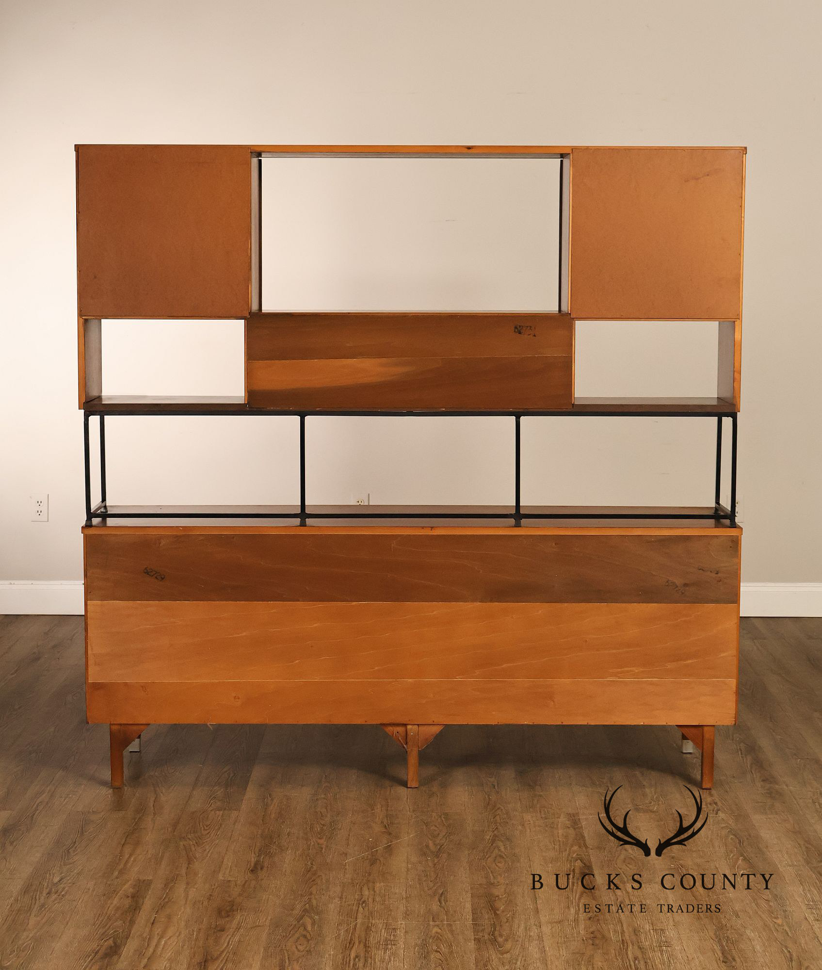 Stanley Mid Century Modern Walnut & Rosewood Inlaid Wall Unit Credenza