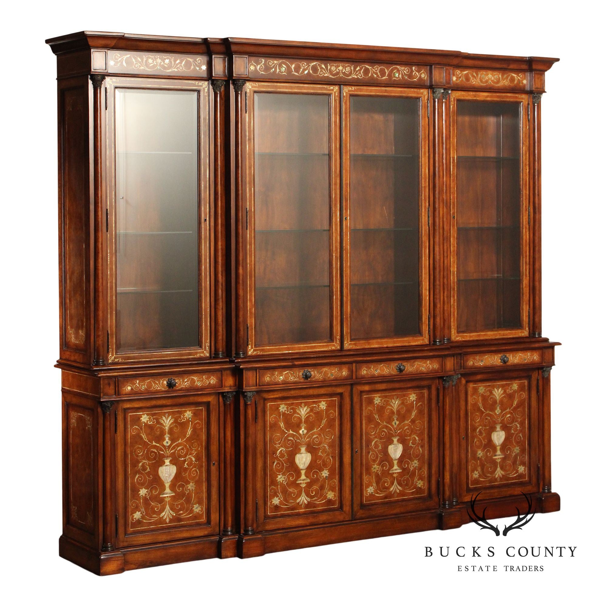 Theodore Alexander Monumental Inlaid Mahogany Breakfront Bookcase