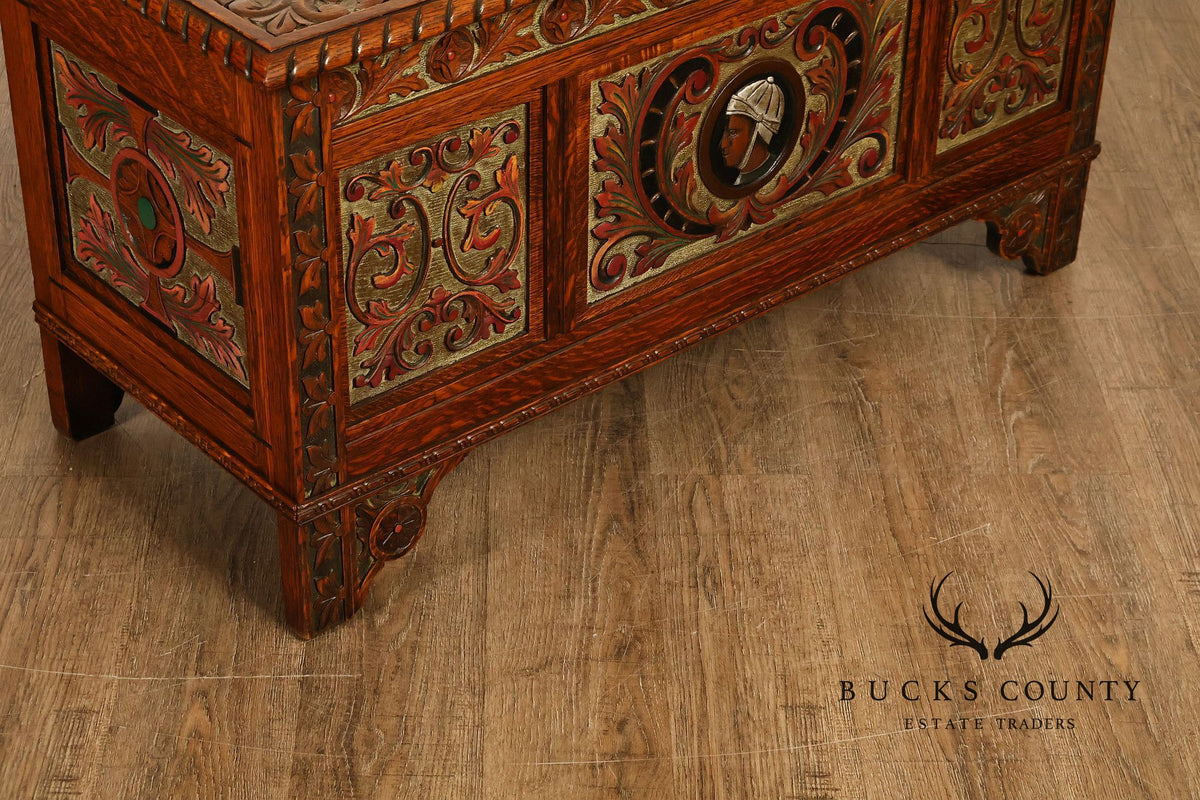 Berkey & Gay Carved And Painted Oak Spanish Revival Storage Chest