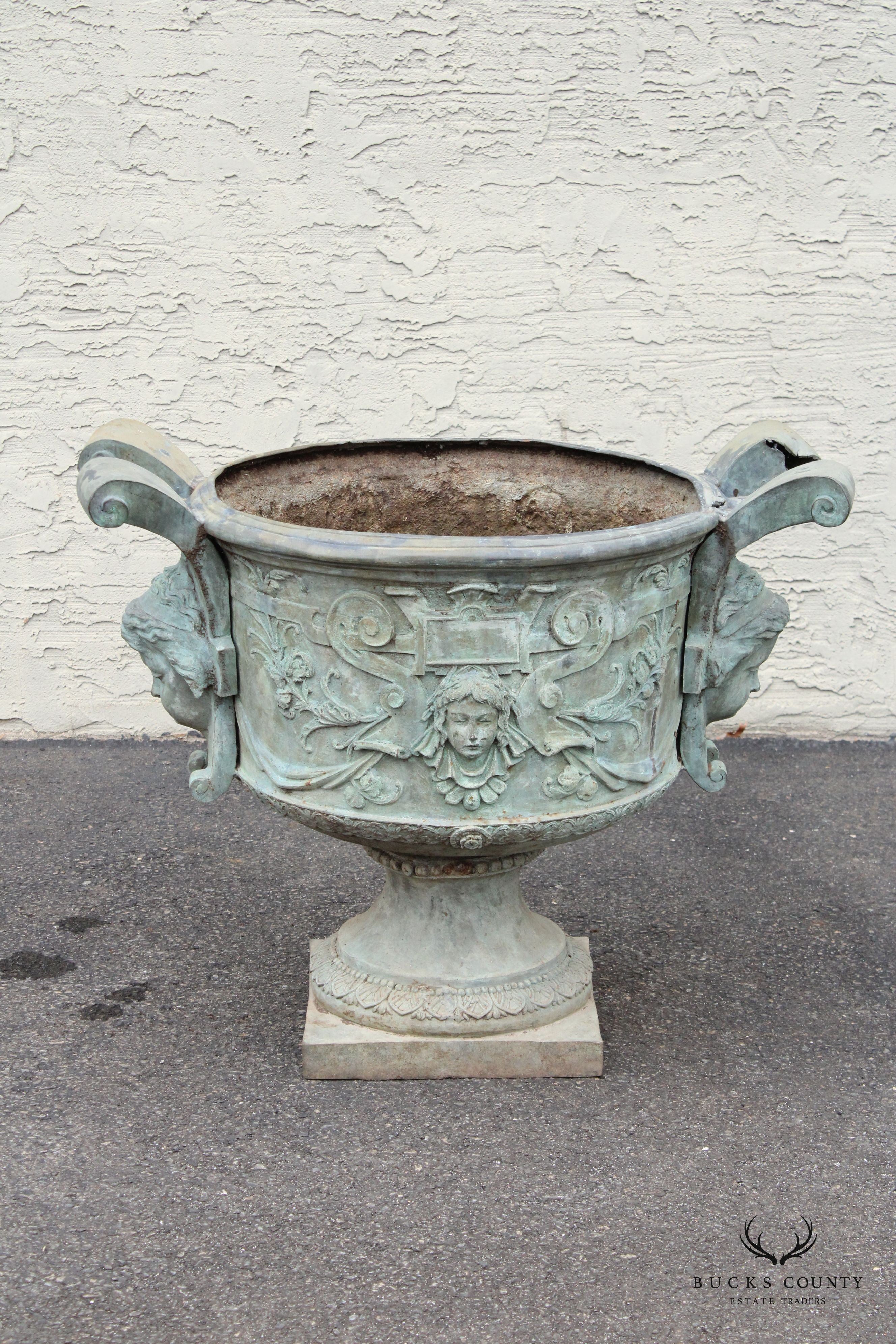 Antique Pair of Lead Alloy Outdoor Garden Urns