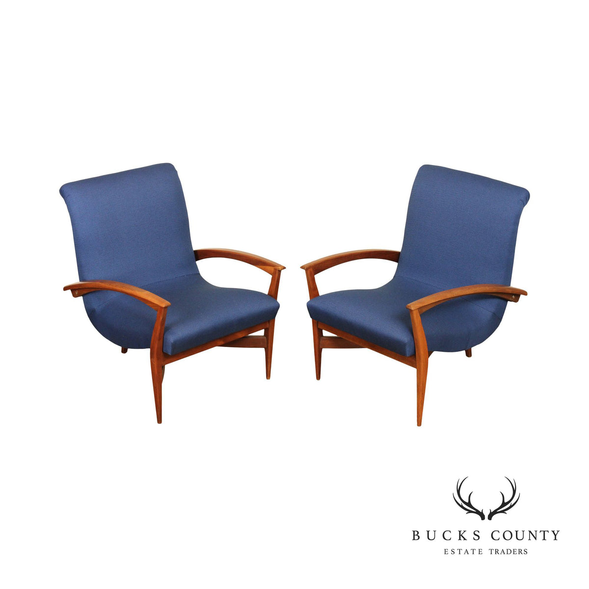 Quality Mid Century Modern Unusual Sculpted Walnut Pair Of Three Legged Lounge Chairs