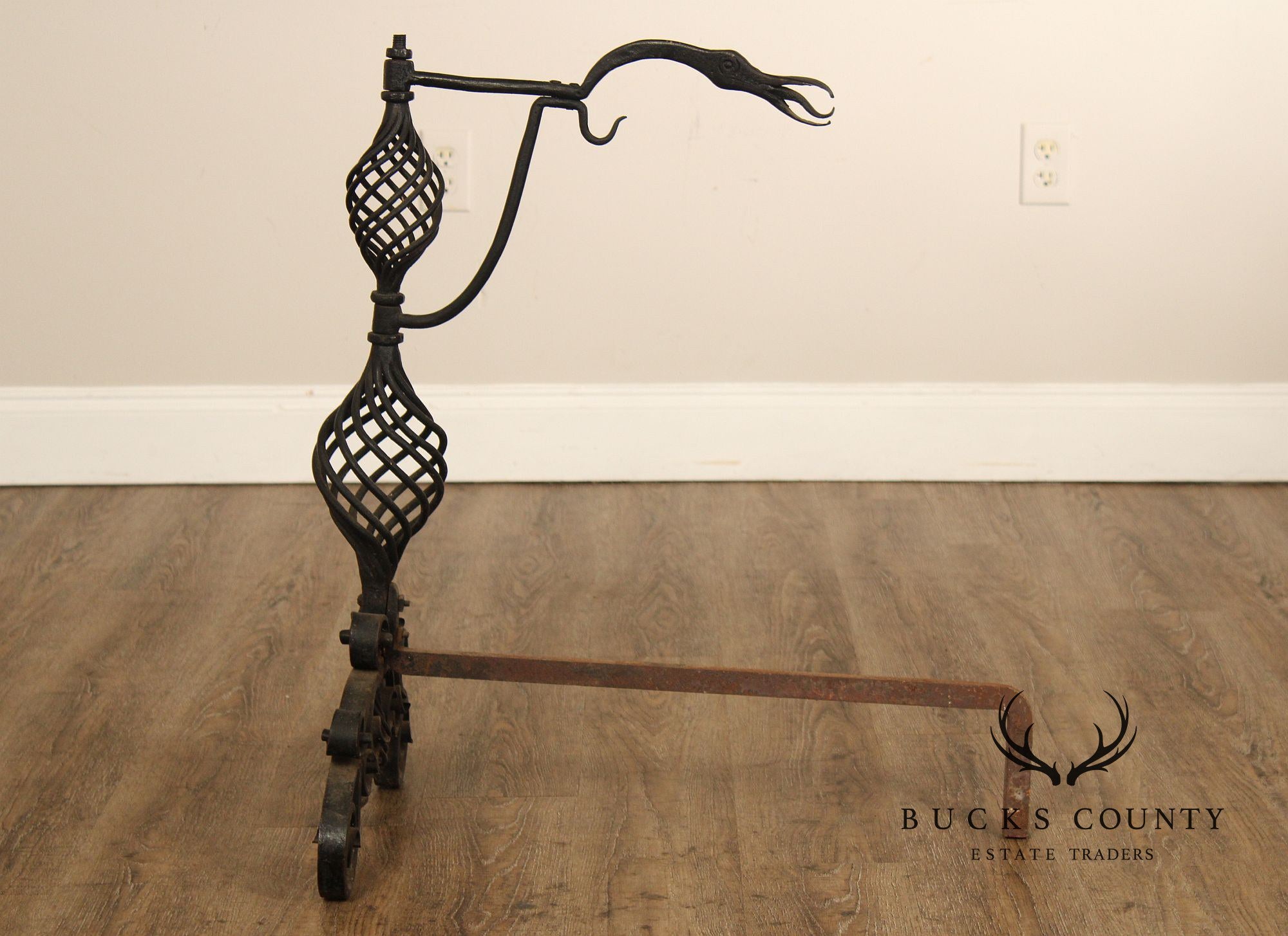 Arts & Crafts Pair of Scrolling Wrought Iron Andirons