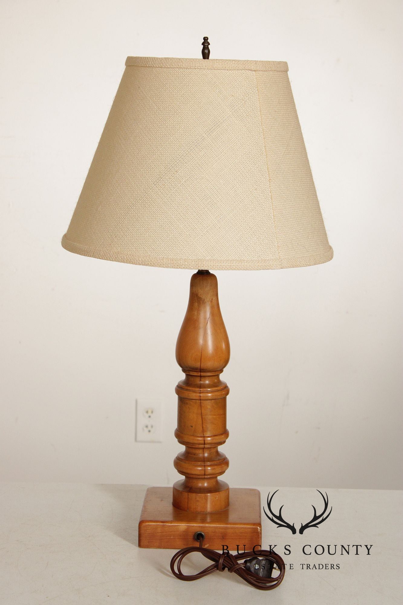 Colonial Revival Pair of Turned Cherry Wood Table Lamps