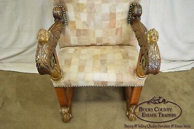 18th Century Italian Renaissance Patchwork Leather Partial Gilt Throne Chair