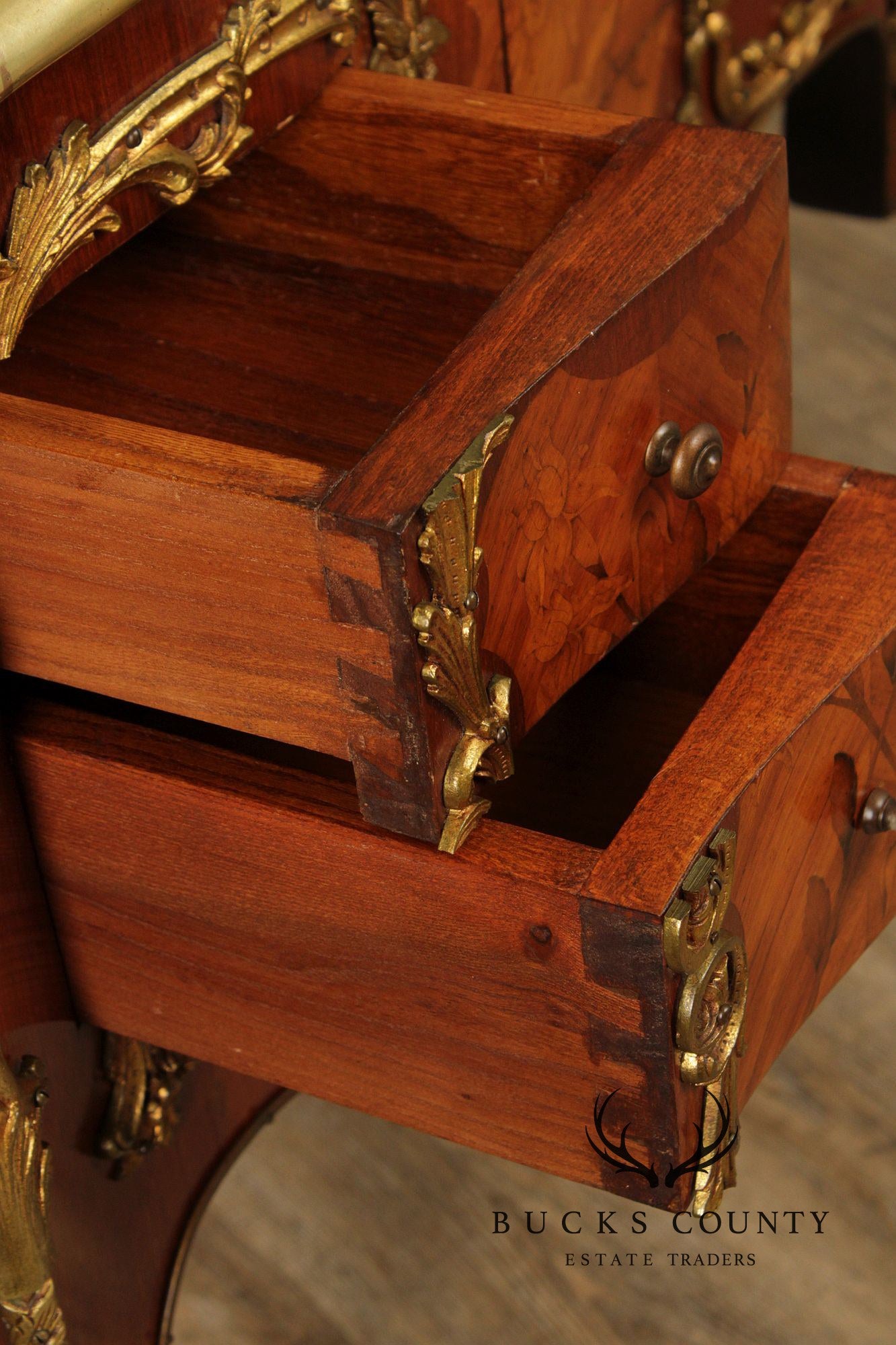 French Louis XV Style Marquetry Inlaid Bronze Mounted Knee Hole Desk