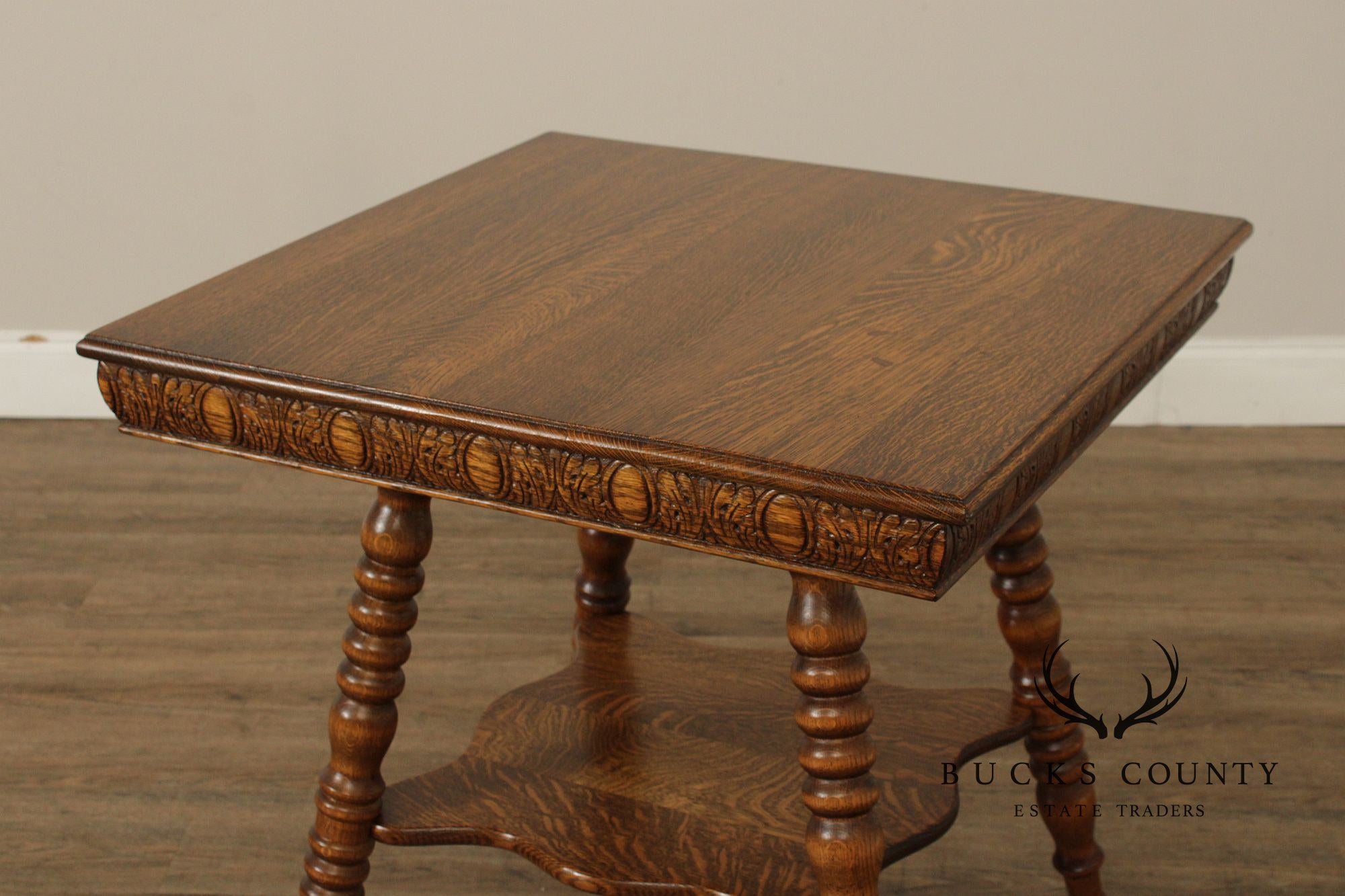 Antique Victorian Oak Square Two Tier Parlor Side Table