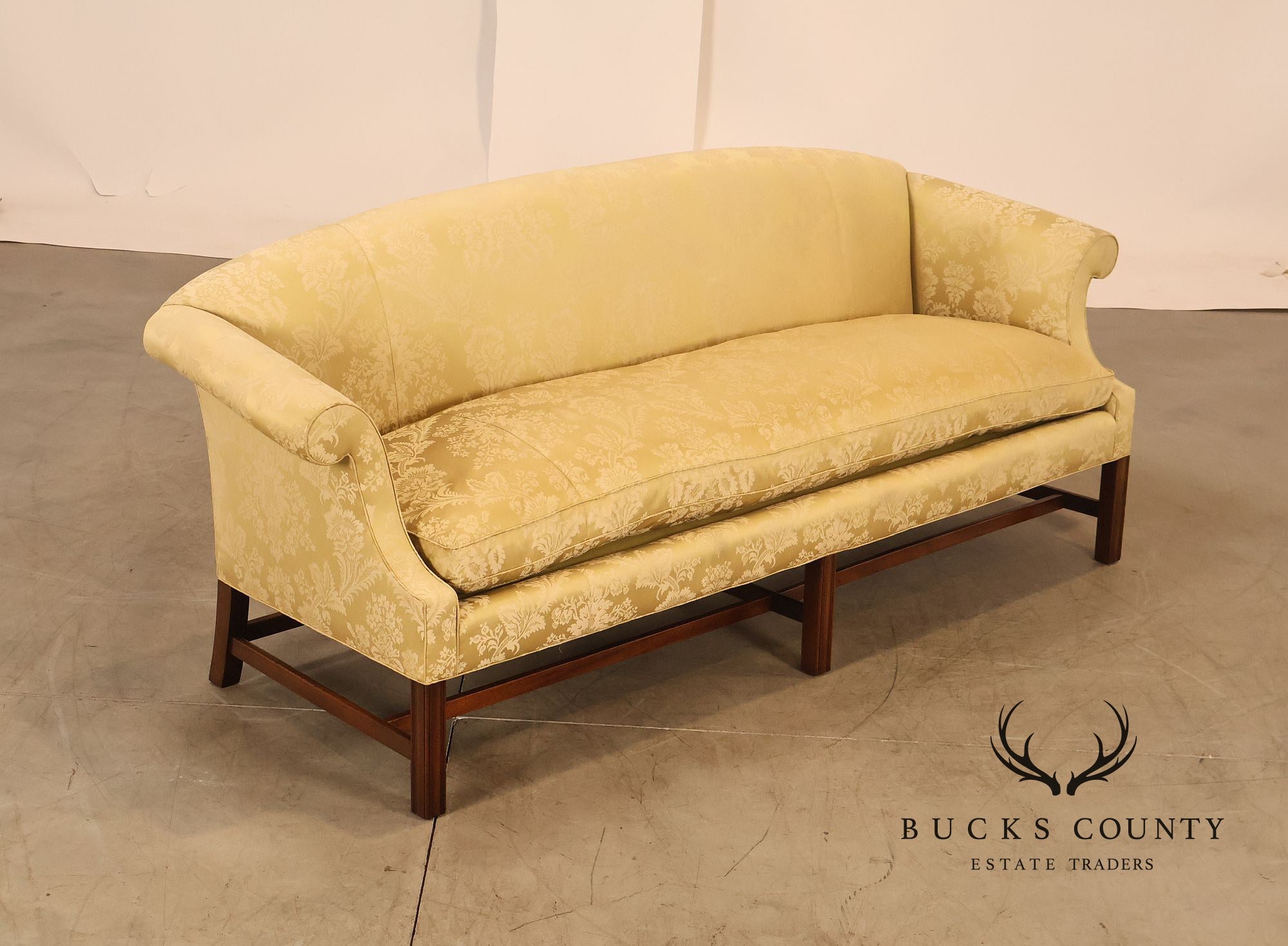 Henredon Chippendale Camelback Damask Upholstered Mahogany Sofa