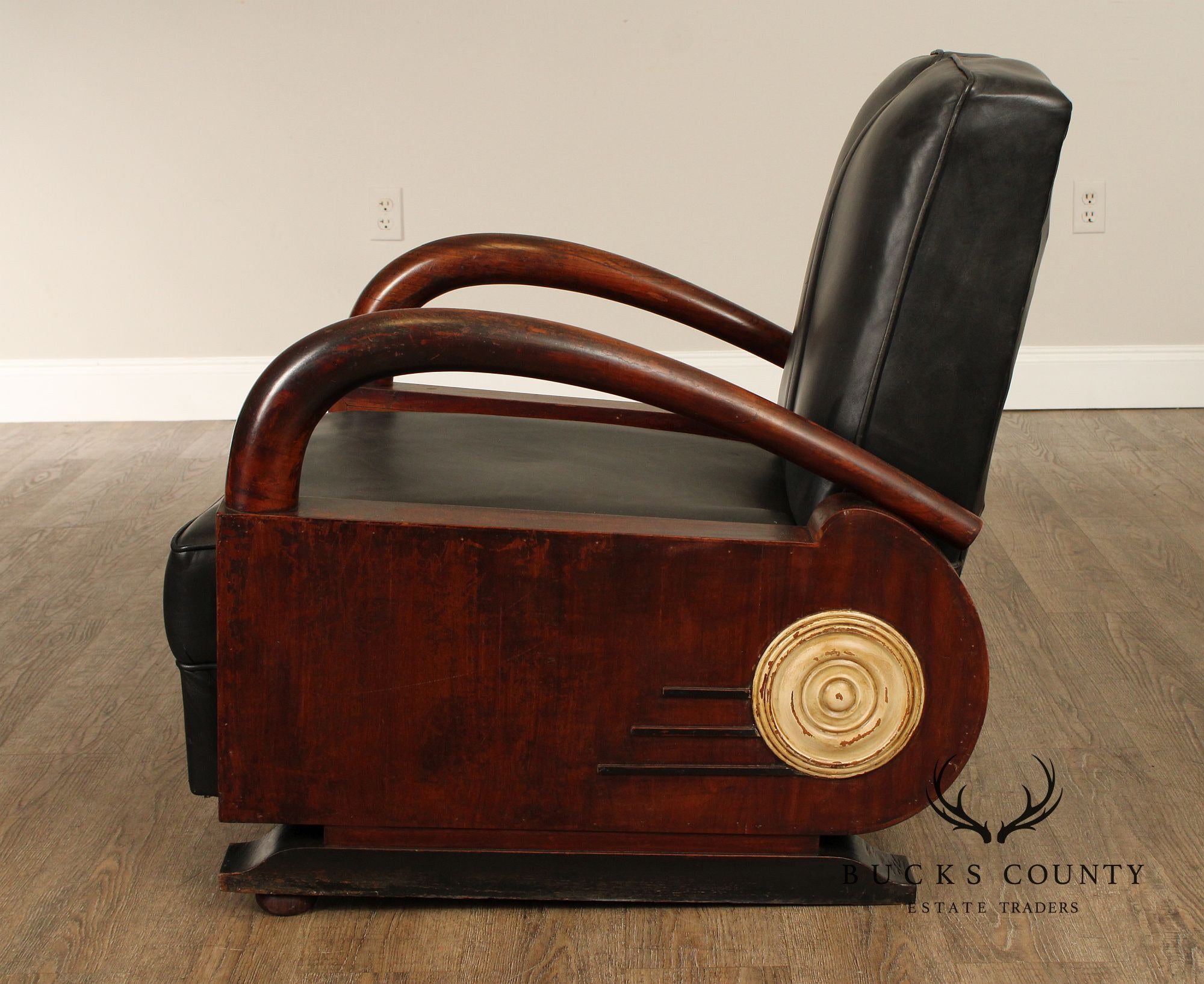 Art Deco Pair Of Streamline Moderne Rosewood And Black Leather Lounge Chairs