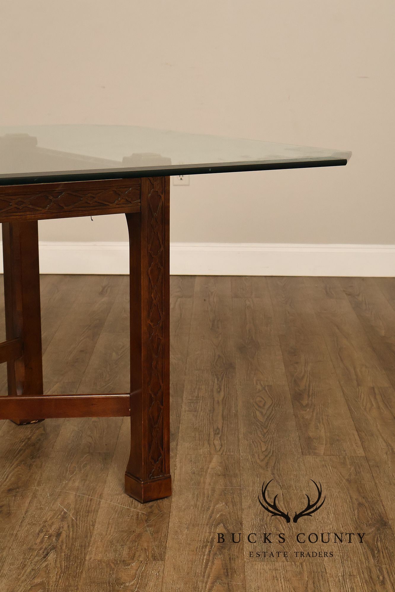 Chinese Chippendale Style Glass Top Mahogany Dining Table