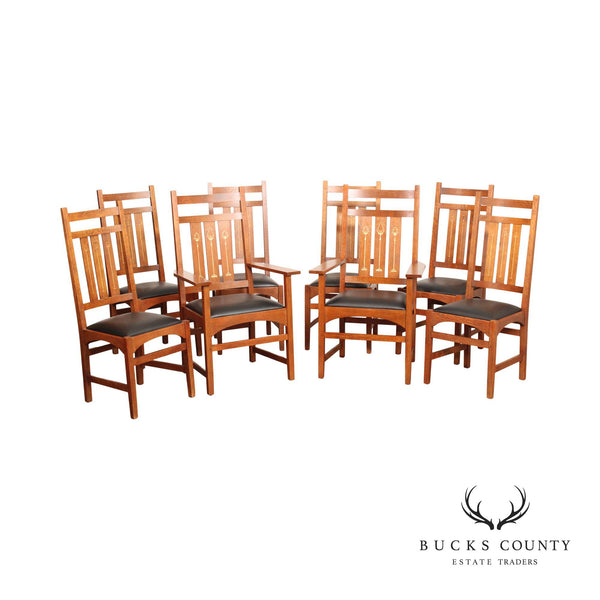 Stickley Mission Collection Harvey Ellis Set of Eight Inlaid Oak Dining Chairs