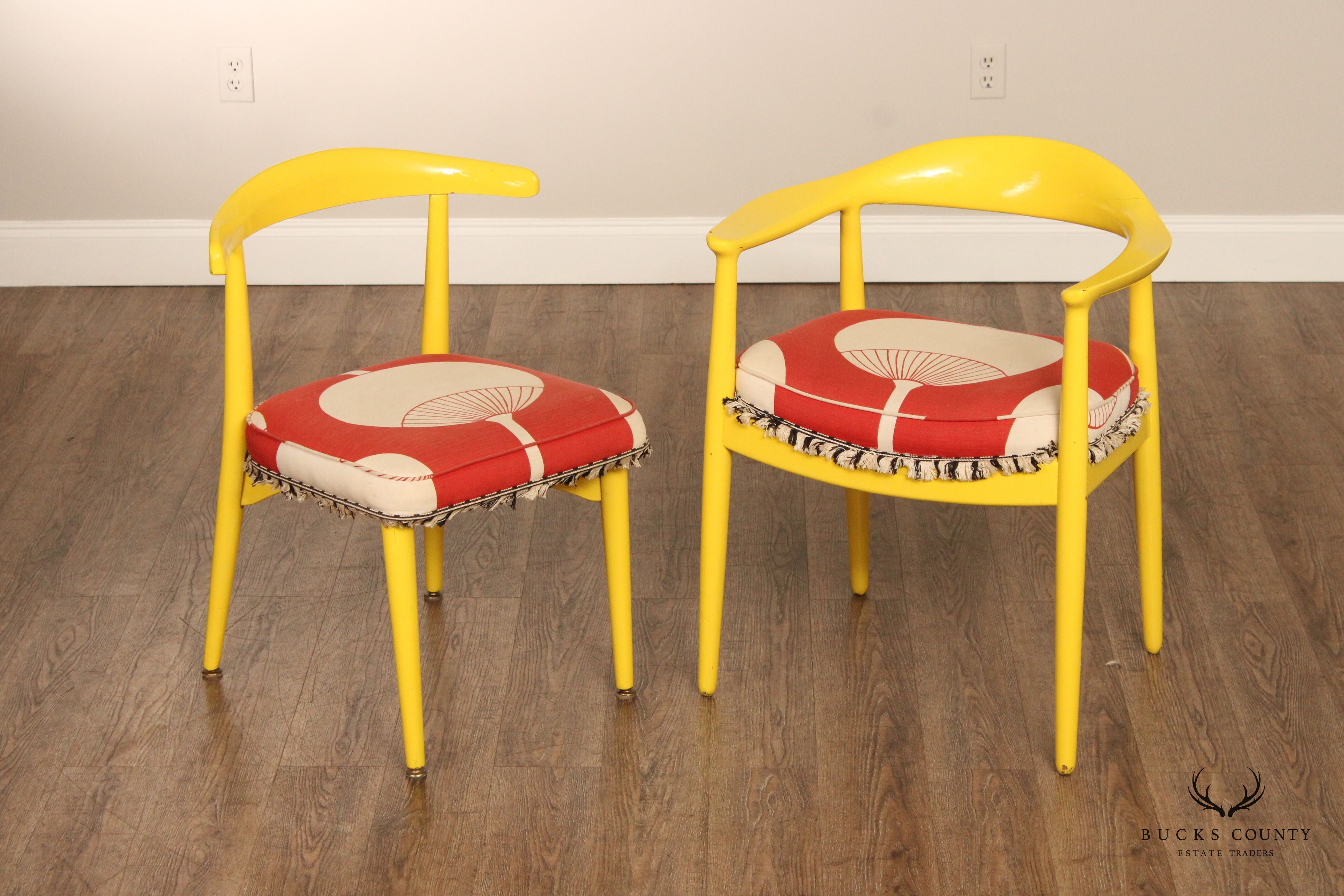 Vintage Mid Century Modern Pair Of Yellow Barrel Back Dining Chairs With Graphic Upholstery