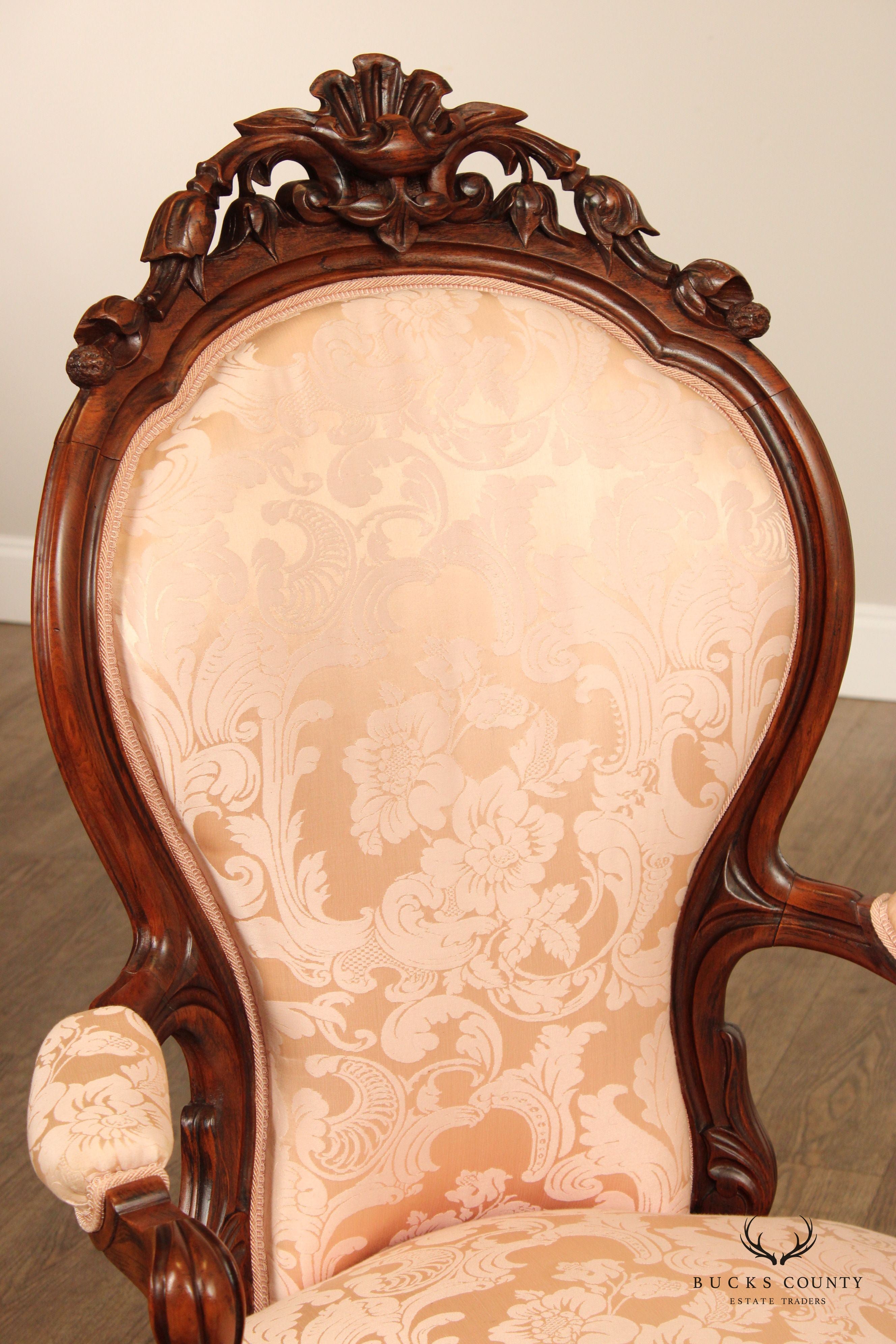 Antique Victorian Pair of Carved Walnut Armchairs