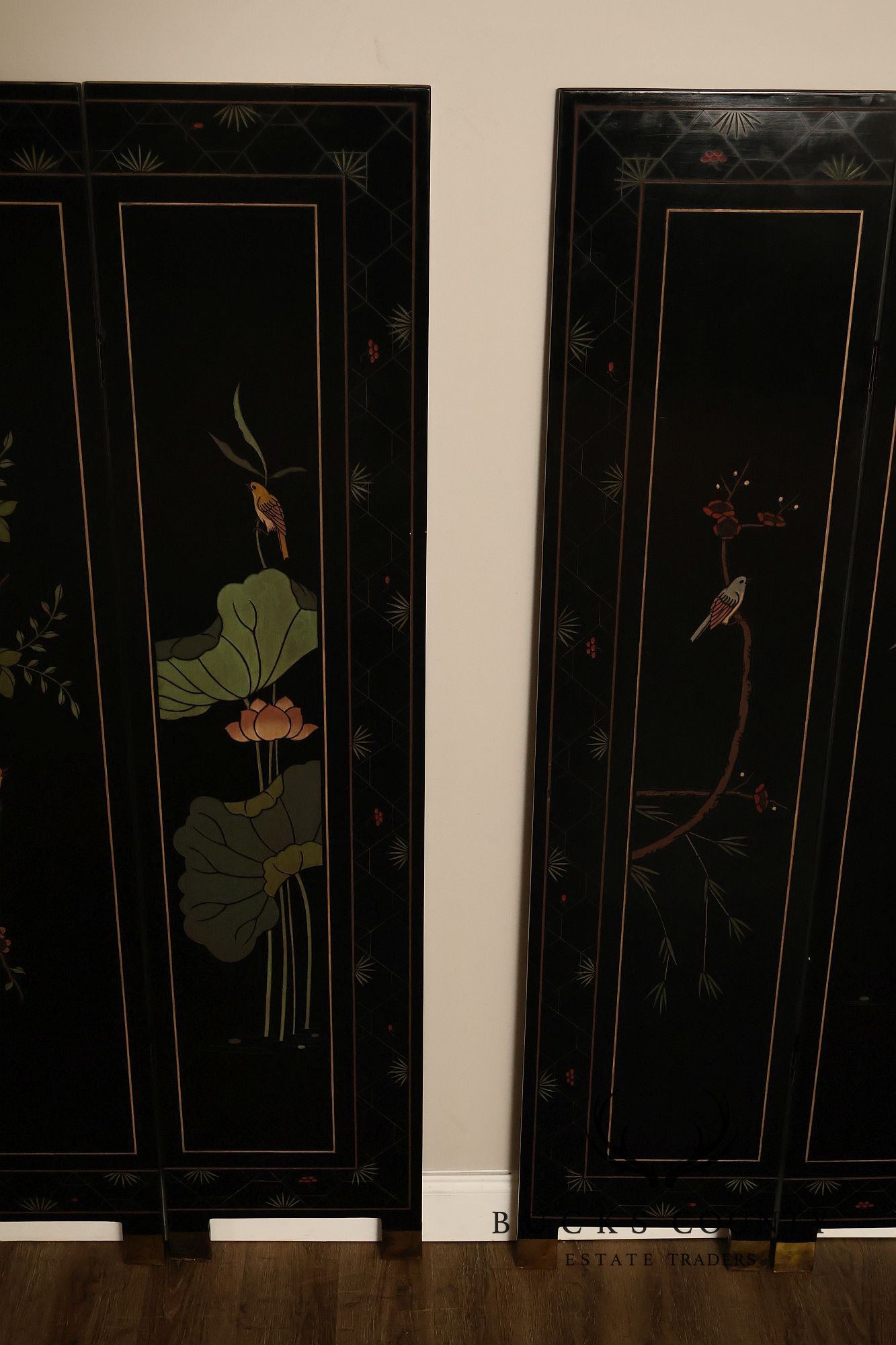 Asian Style Black Vintage Lacquer Six Panel Folding Screen