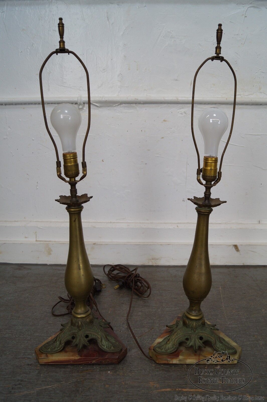 Vintage Pair of Brass & Onyx Column Table Lamps