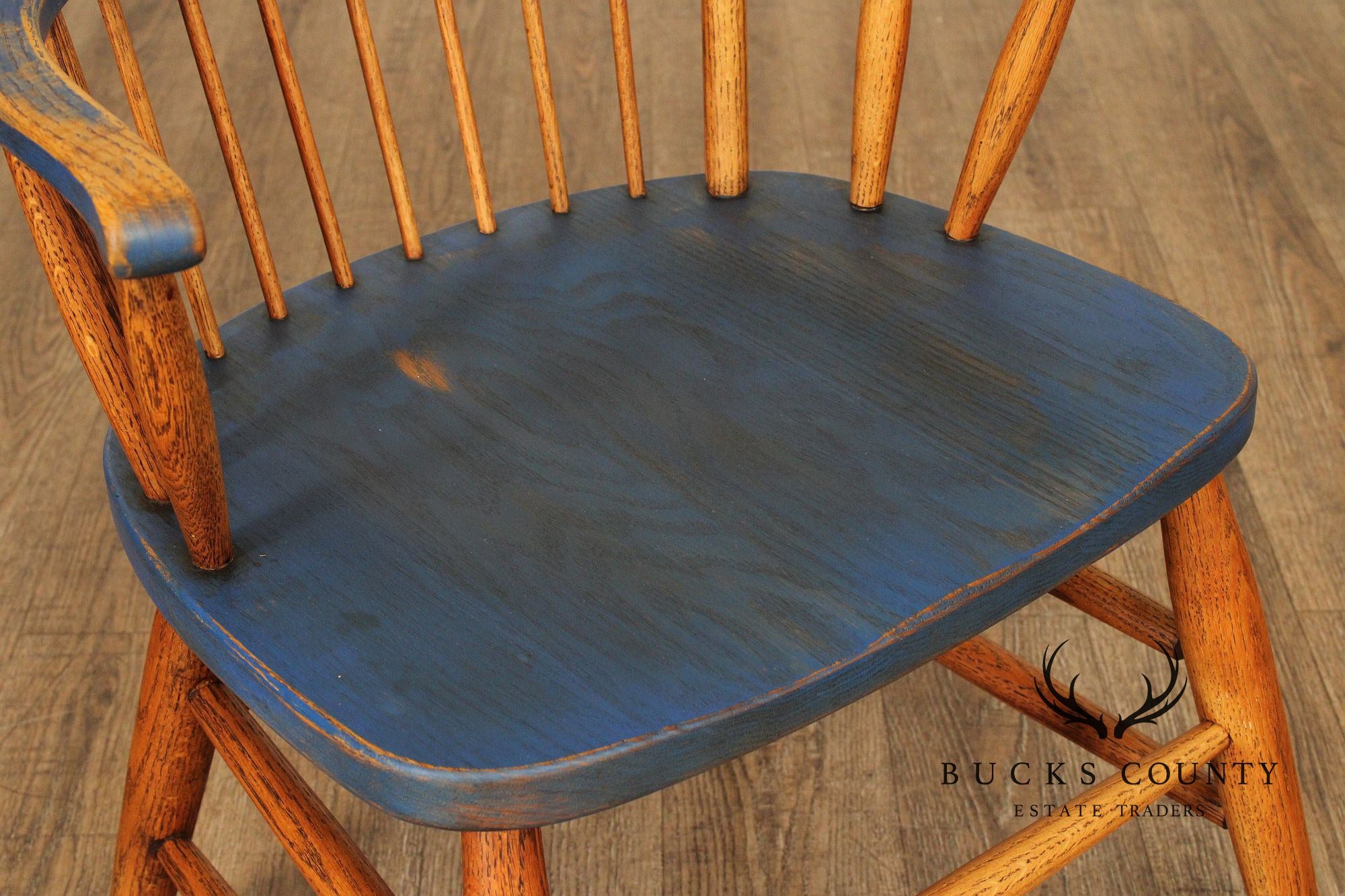 Early American Style Set of Four Oak Painted Windsor Armchairs