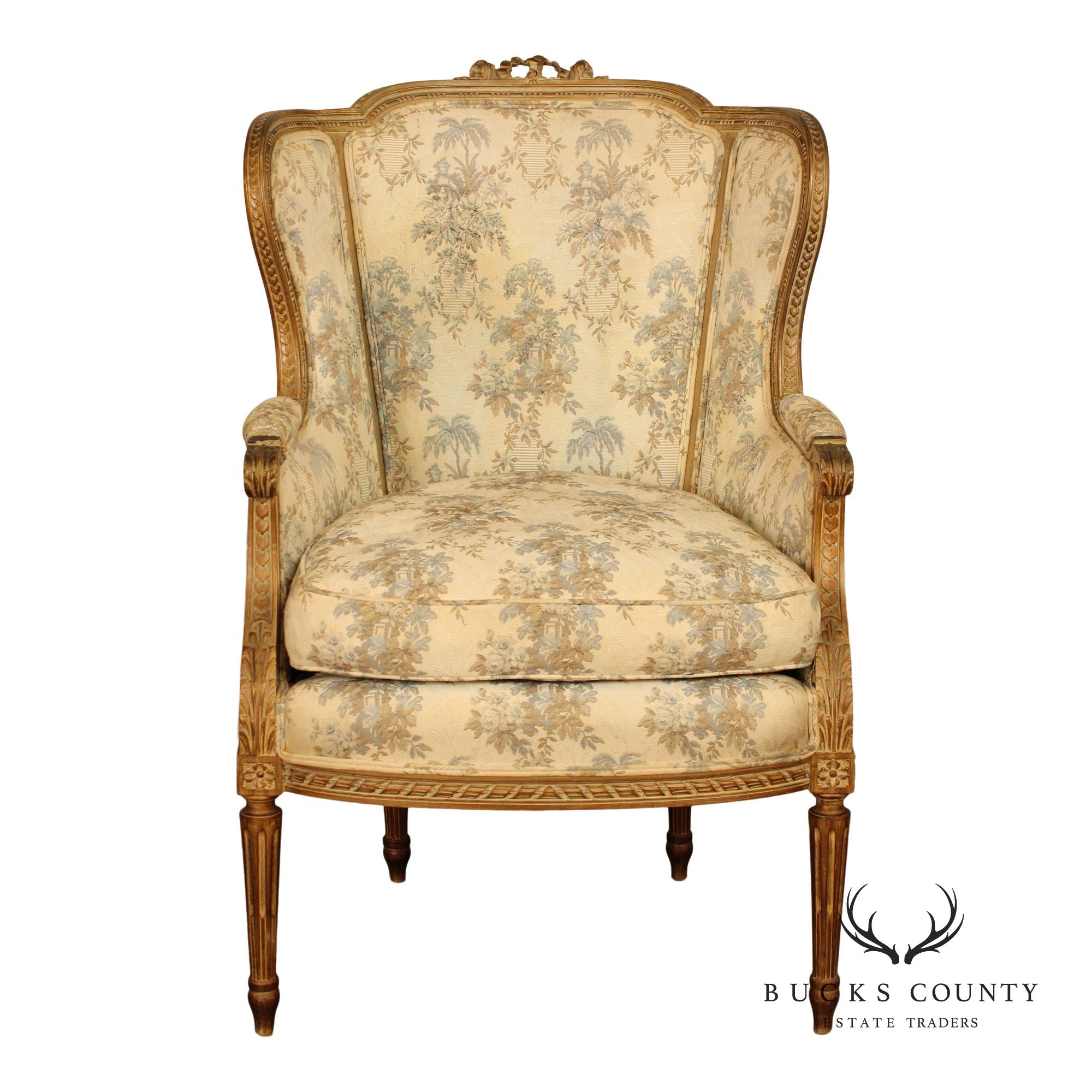 Antique French Louis XVI Style Bergere Wing Chair