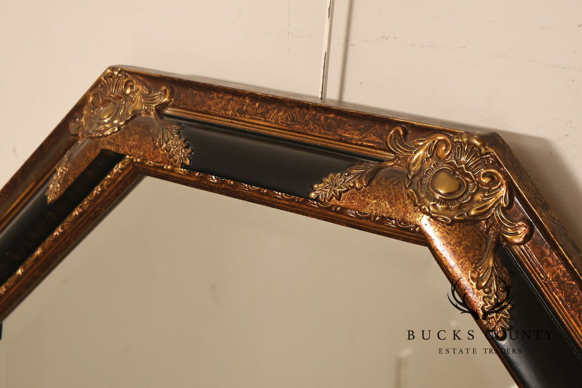Traditional Octagonal Black And Gilt Beveled Wall Mirror