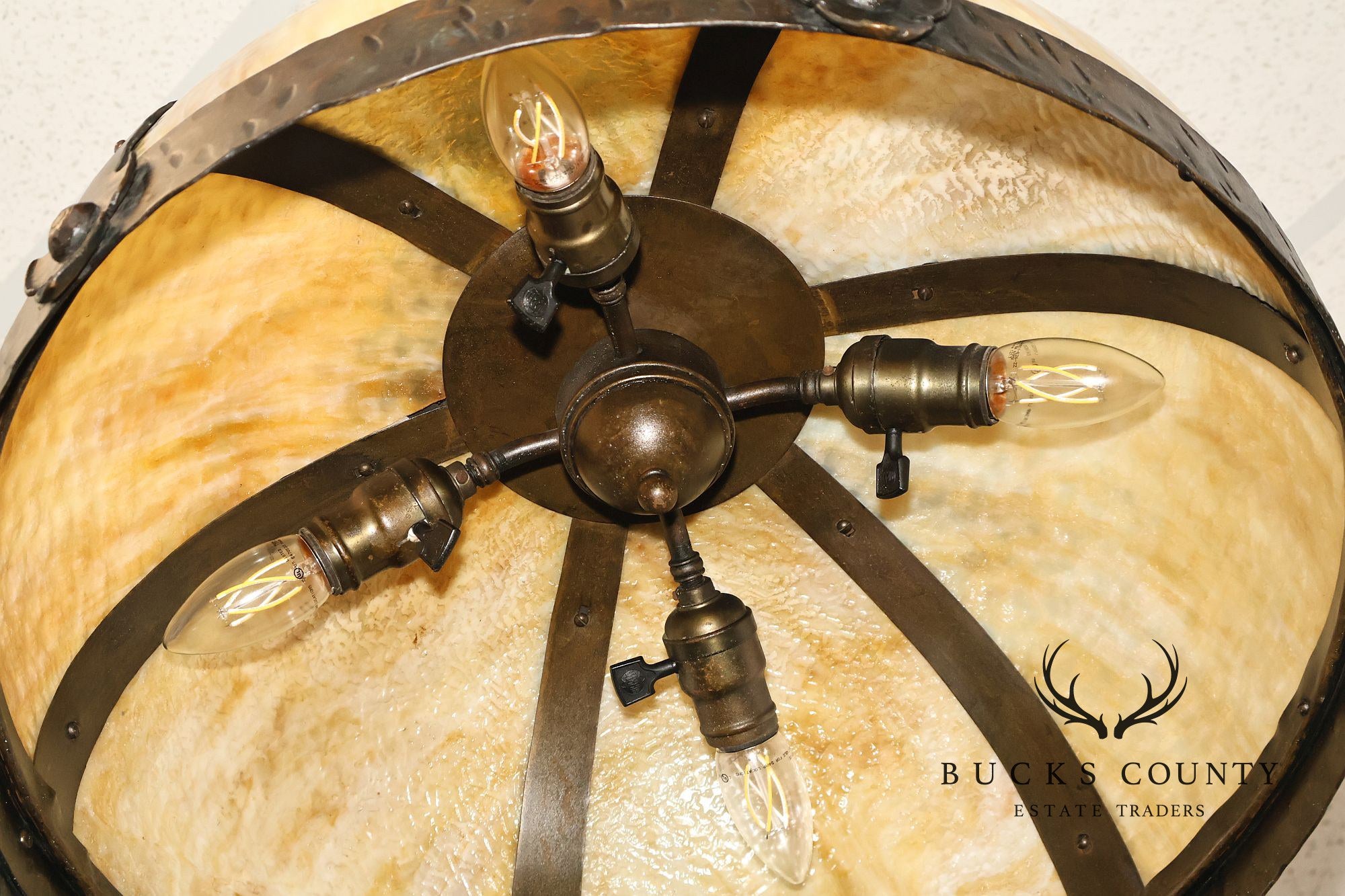 Antique Arts & Crafts Style Slag Glass Dome Pendant Chandelier