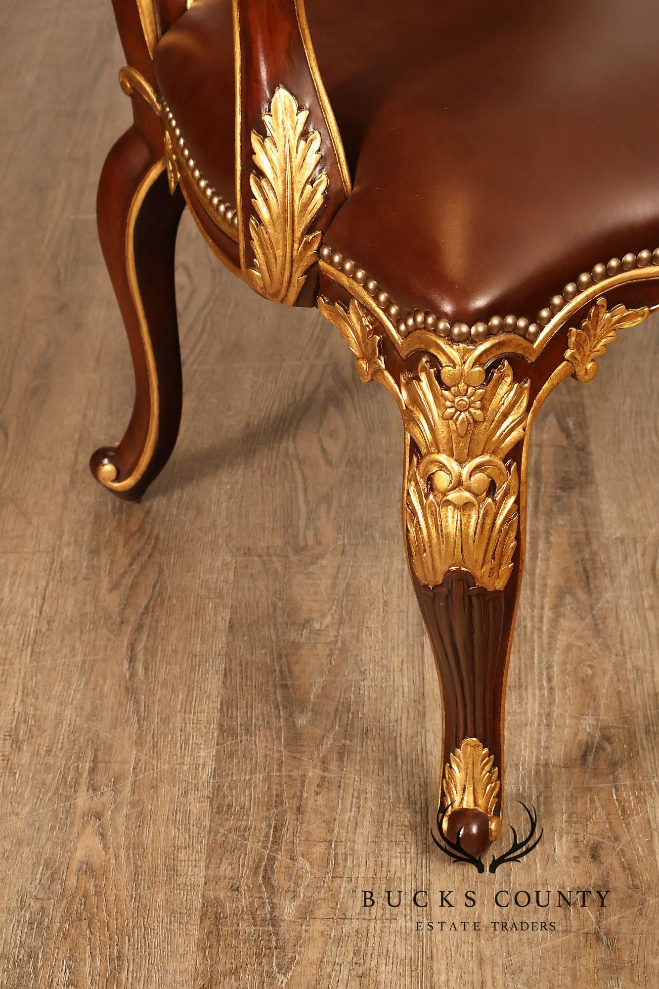 Scarborough House Pair Of French Rococo Style Gilt Mahogany Leather Upholstered Armchairs