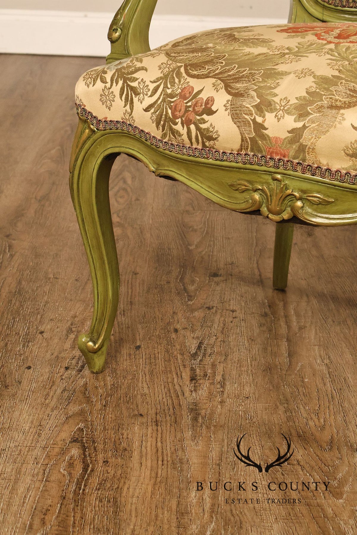 Vintage Louis XV Style Green Painted Floral Upholstered Armchair