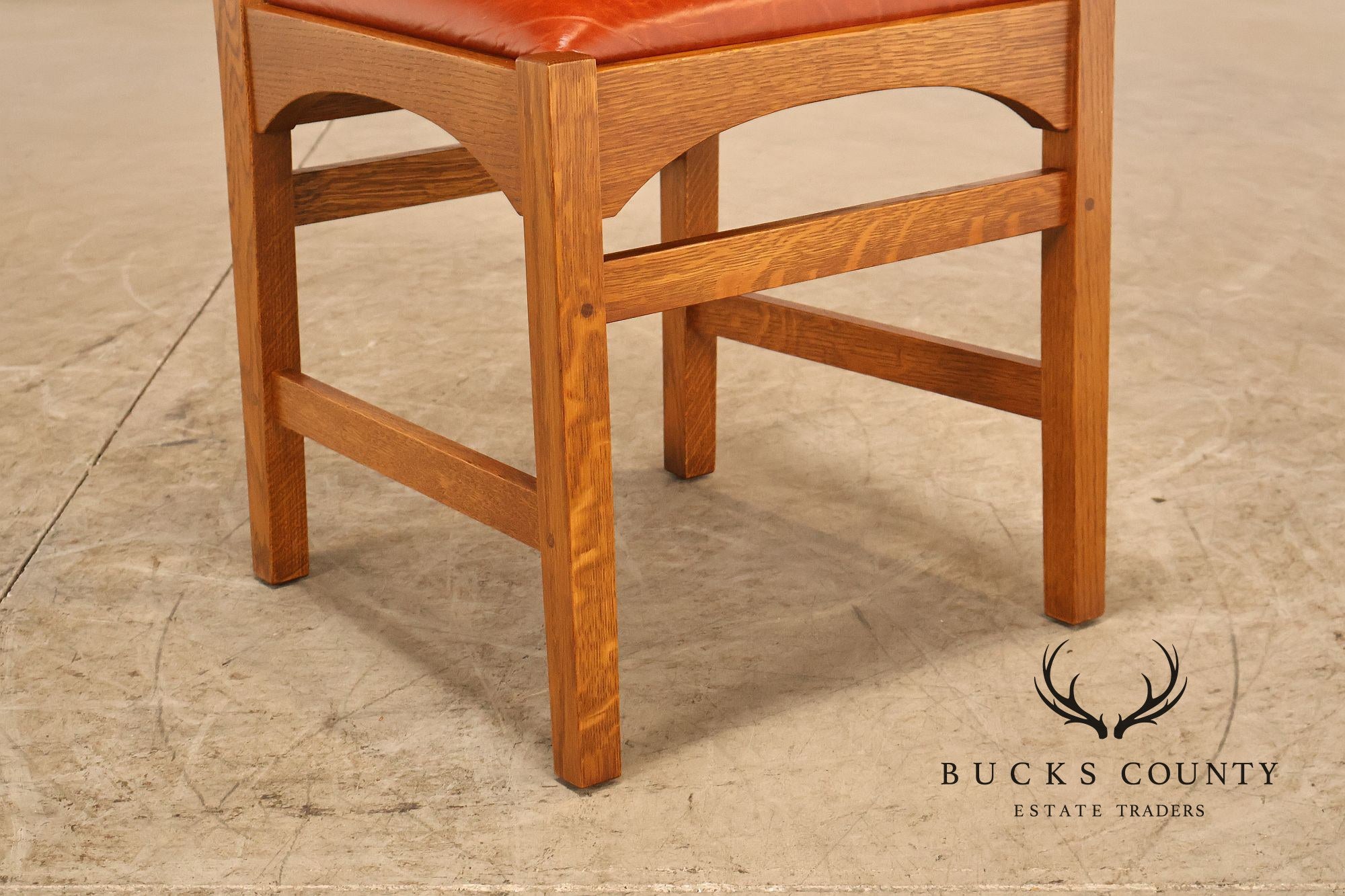 Stickley Harvey Ellis Set of Four Inlaid Oak and Leather Dining Chairs