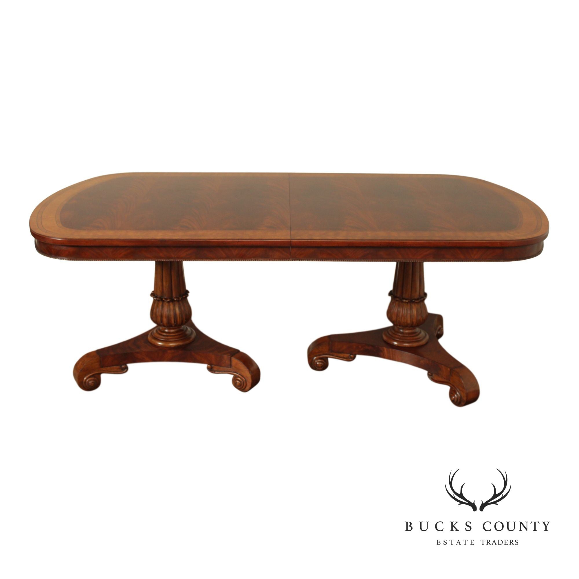 Regency Style Quality Banded Mahogany Double Pedestal Dining Table With 2 Leaves
