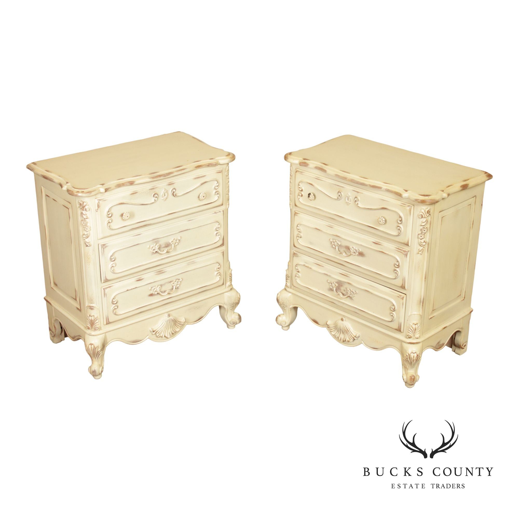Lane French Provincial Style Pair of Distressed Cream Painted Nightstands