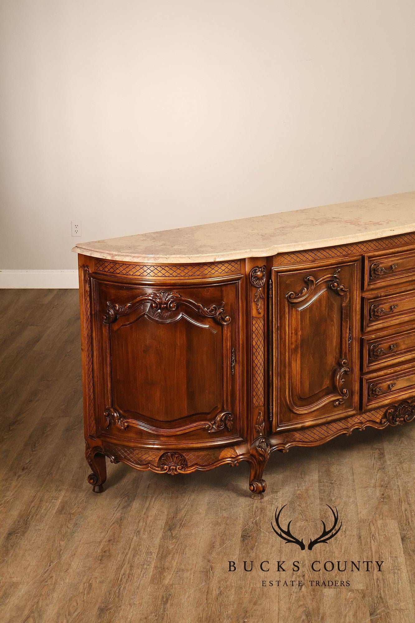 French Louis XV Style 106" Long Marble Top Walnut Sideboard