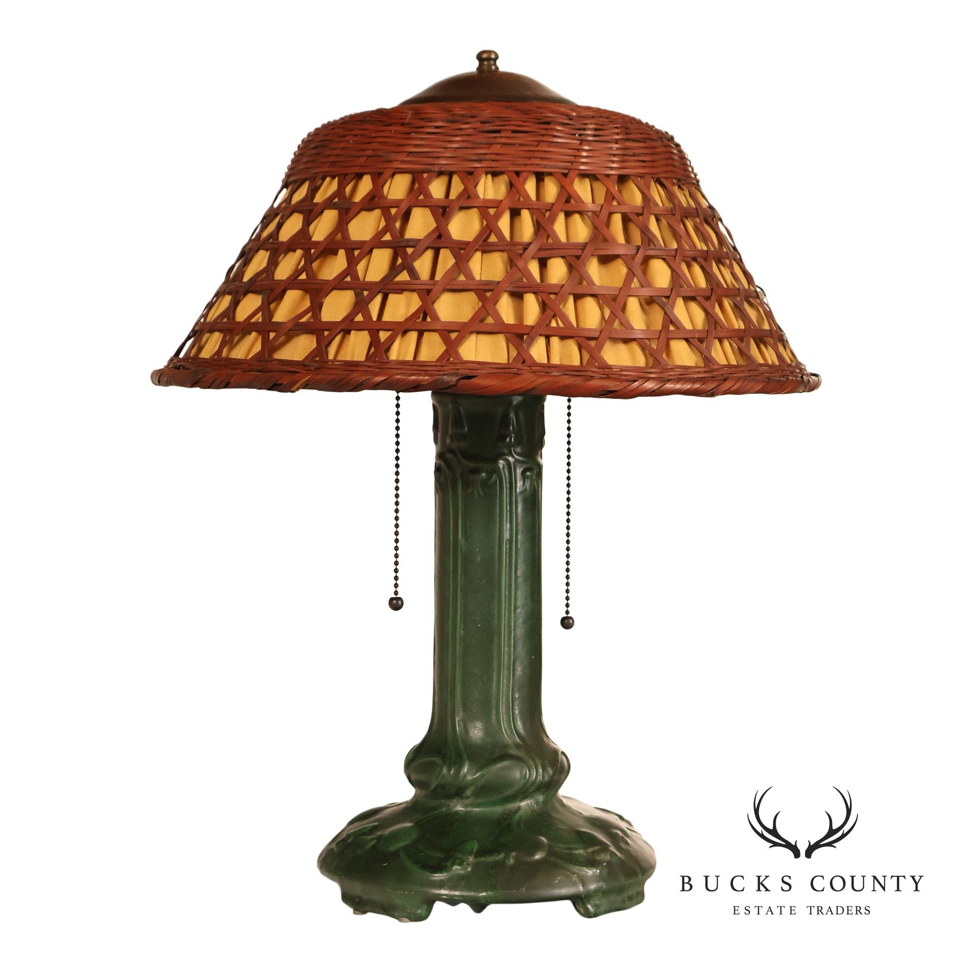 Weller Pottery Art Nouveau Green Glazed Table Lamp with Wicker Shade