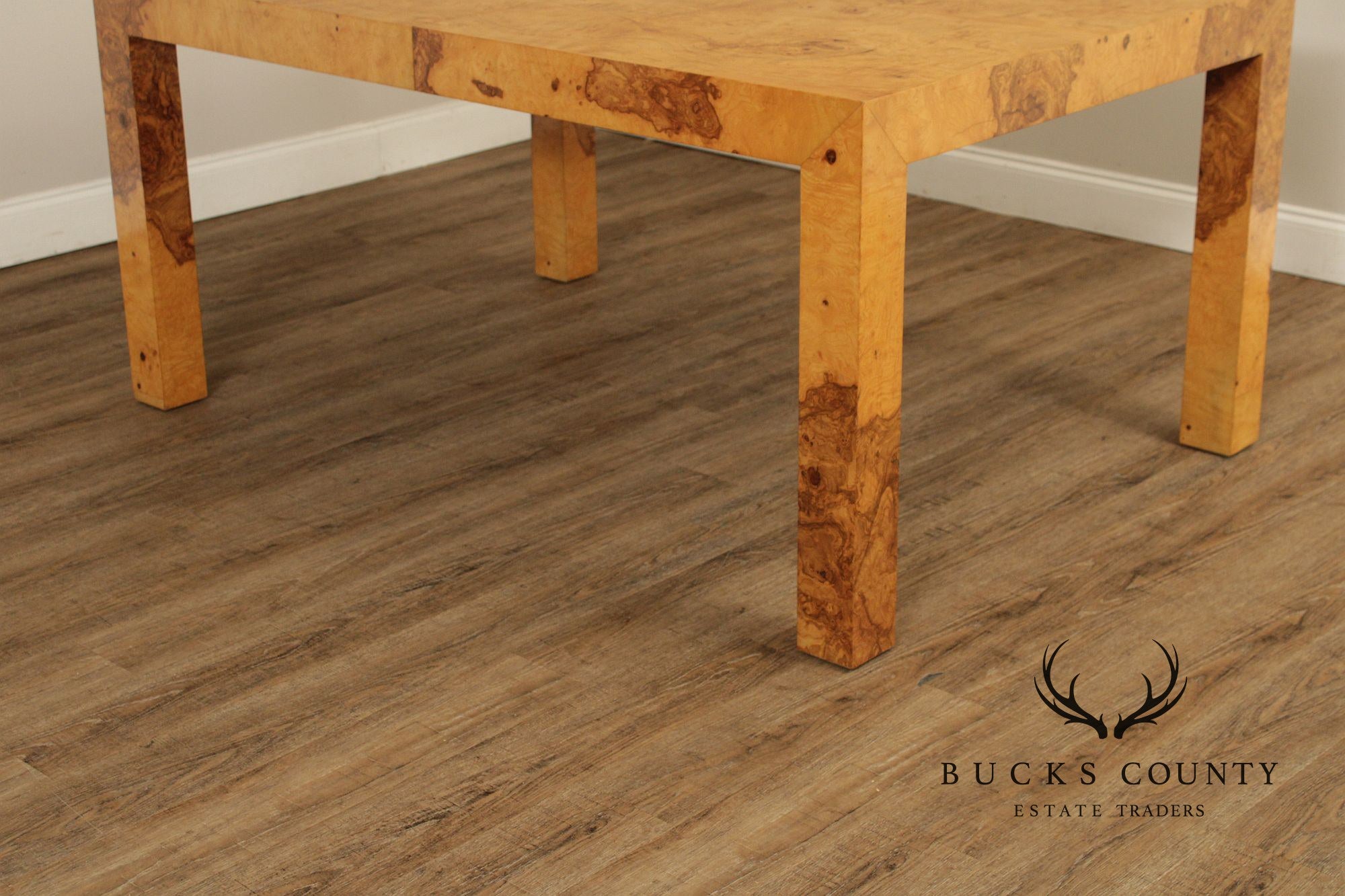 Mid-Century Modern Burlwood Parsons Extension Dining Table with 2 Leaves