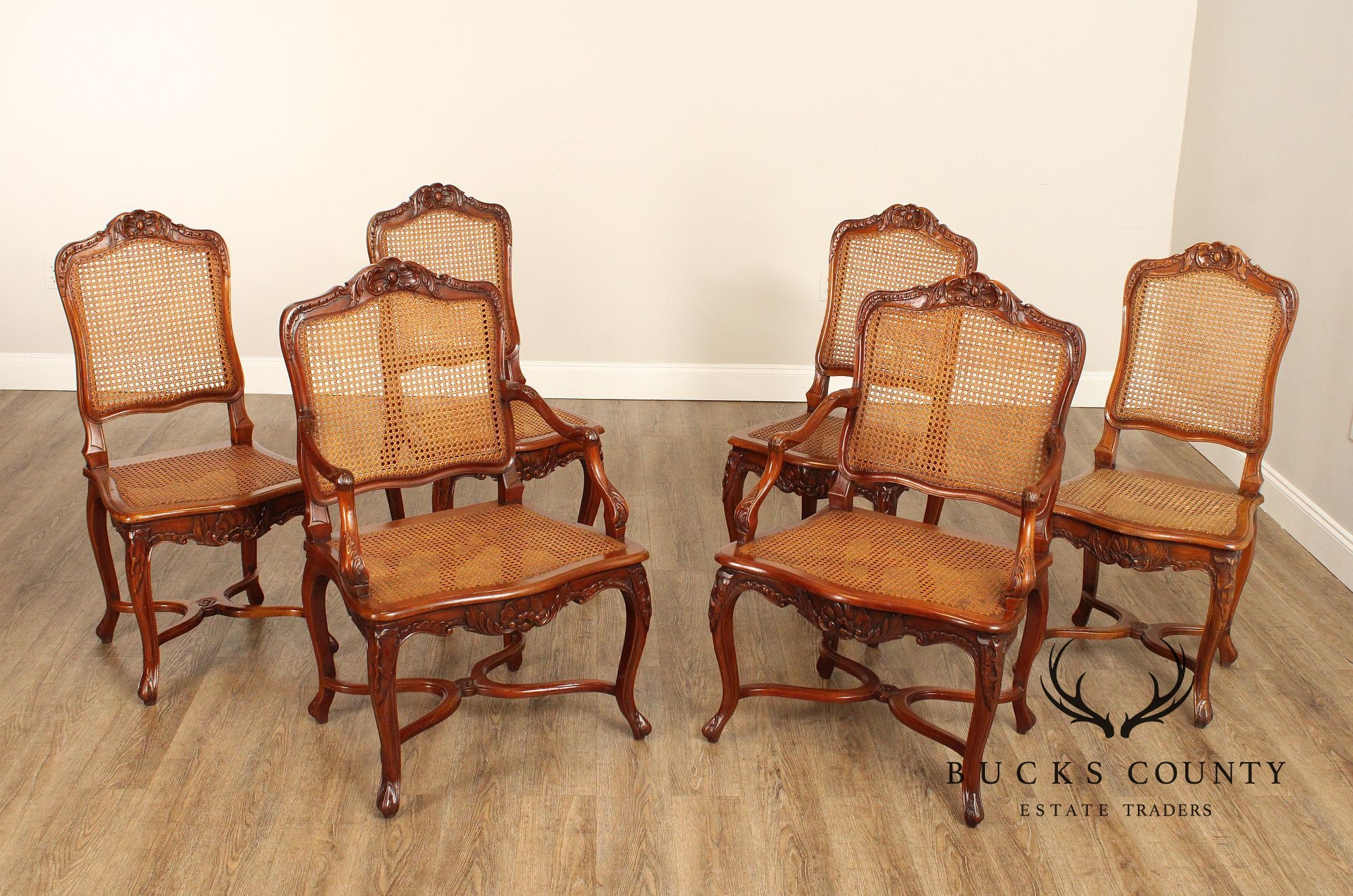 French Louis XV Style Set of Six Caned Dining Chairs