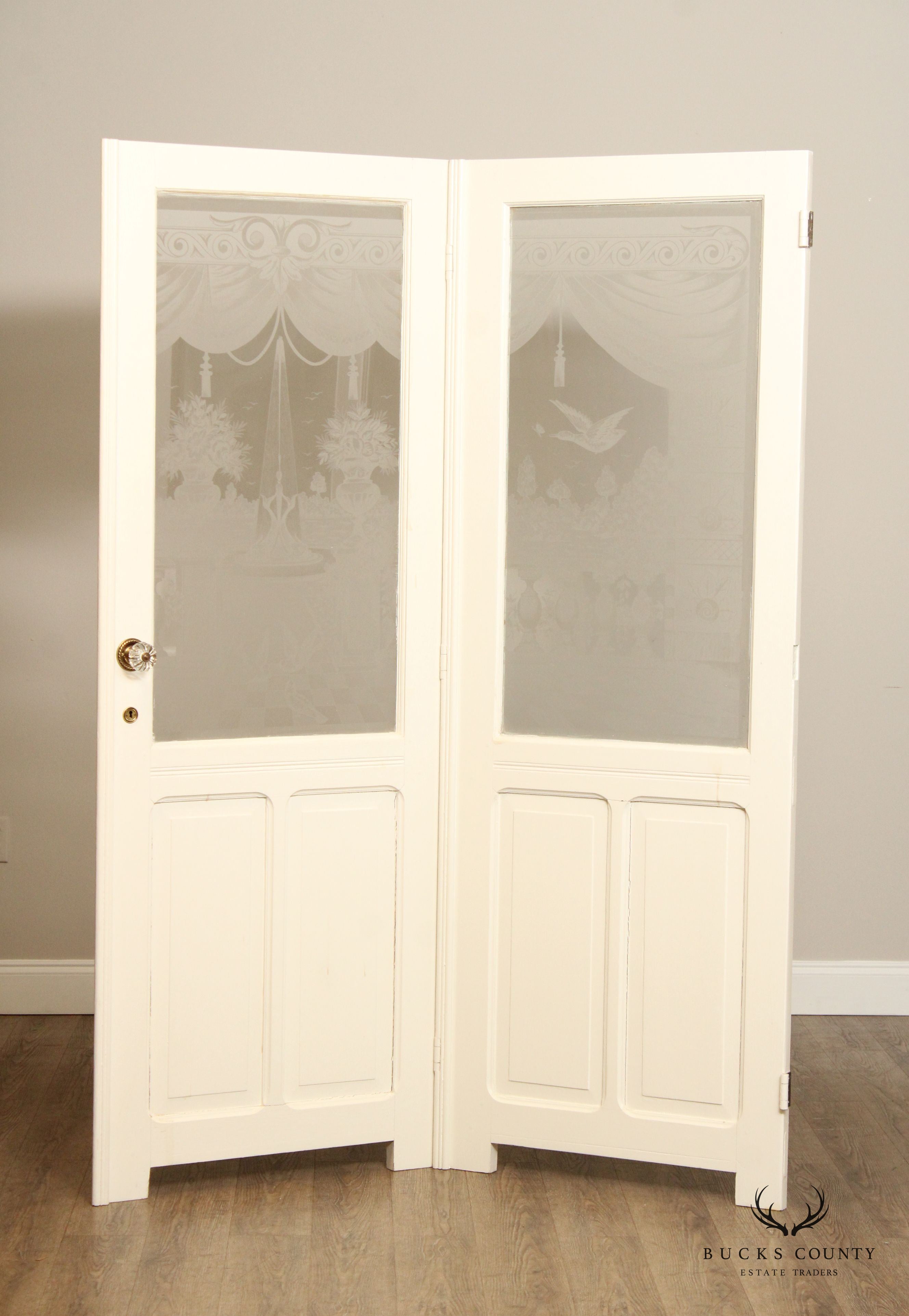 Antique French Set of Three Interior Etched Glass Doors