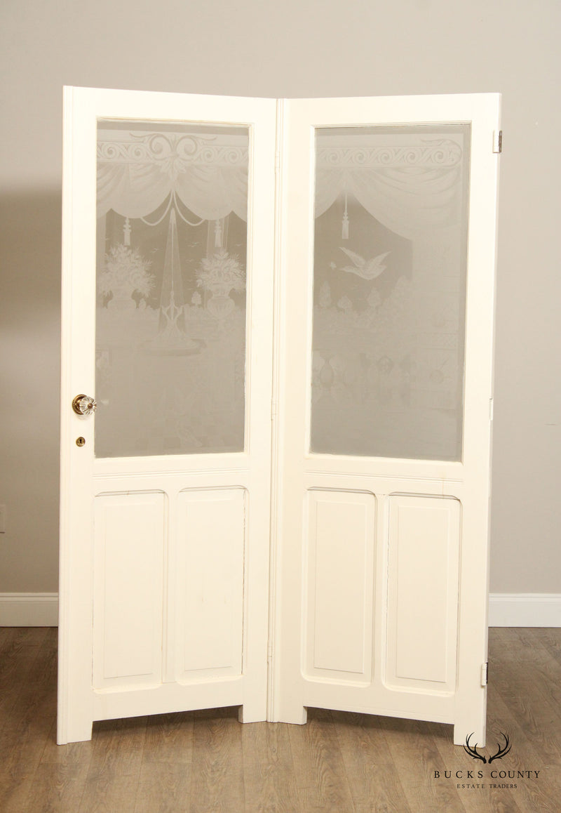 Antique French Set of Three Interior Etched Glass Doors