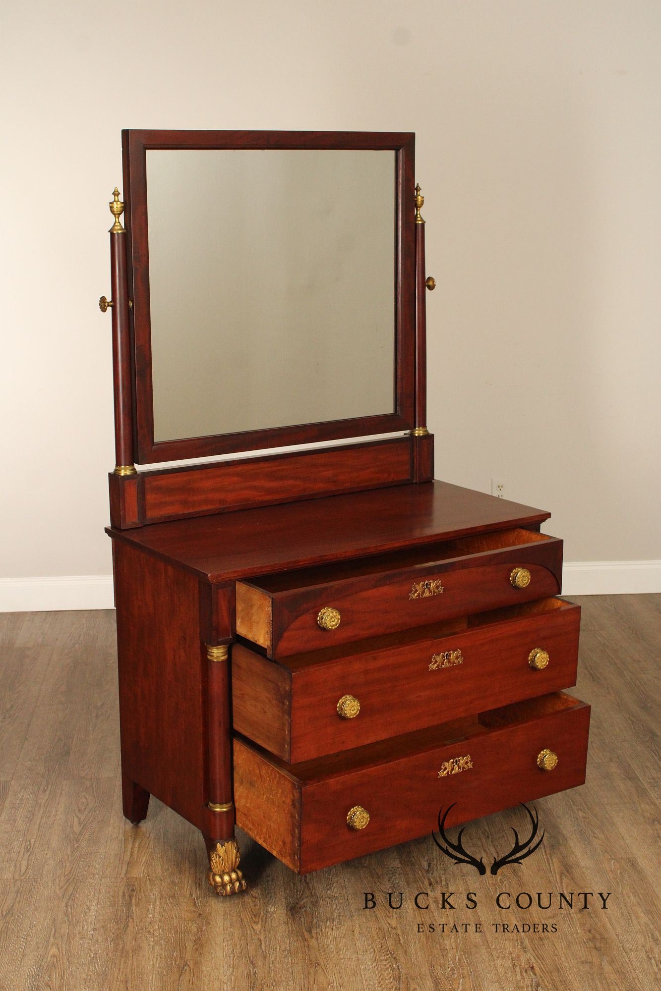 American Empire Style Antique Mahogany Chest of Drawers with Mirror