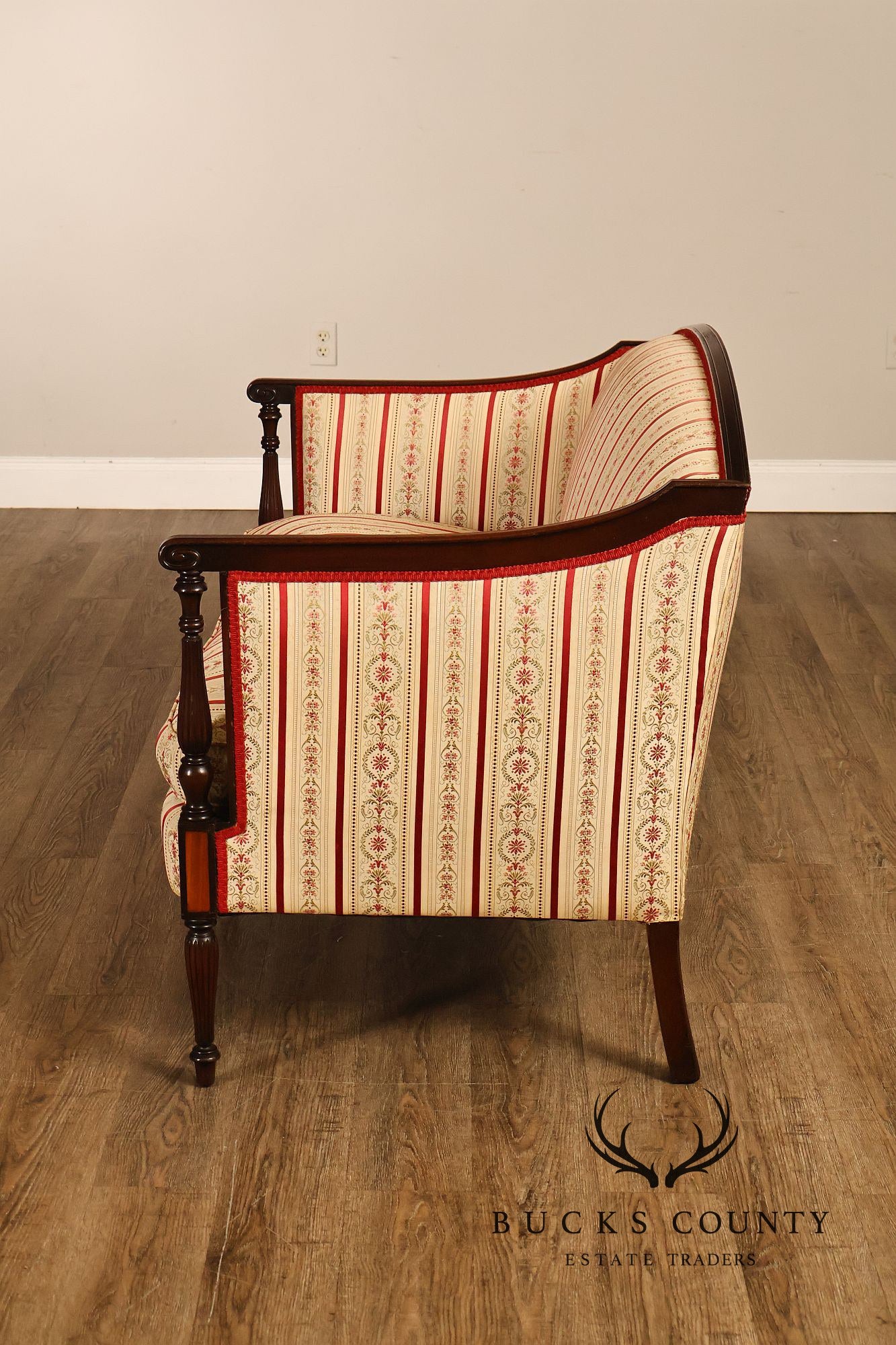 Vintage Sheraton Style Mahogany Inlaid Upholstered Loveseat
