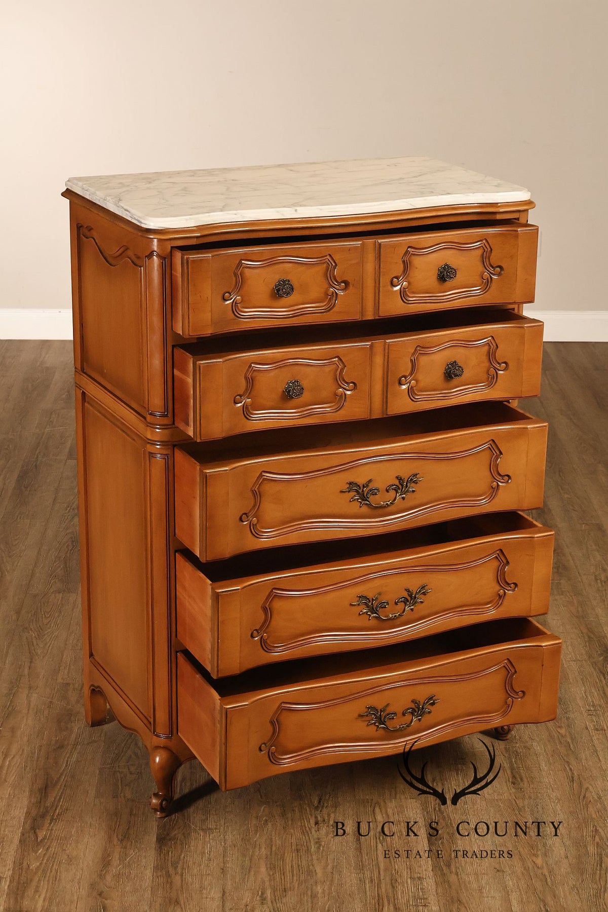 French Provincial Style Marble Top Tall Chest Of Drawers