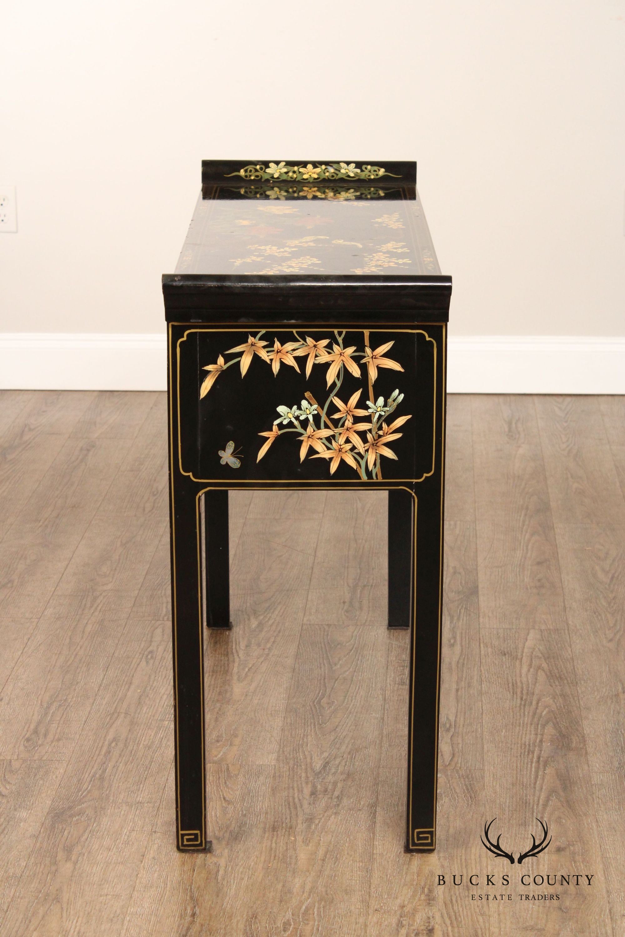 Chinoiserie Painted Vintage Black Lacquer Console Table