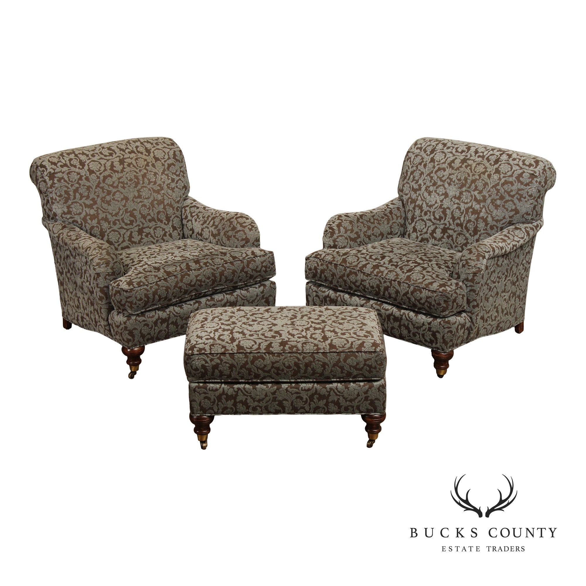 Robert Allen English Traditional Pair of Lounge Chairs and Ottoman