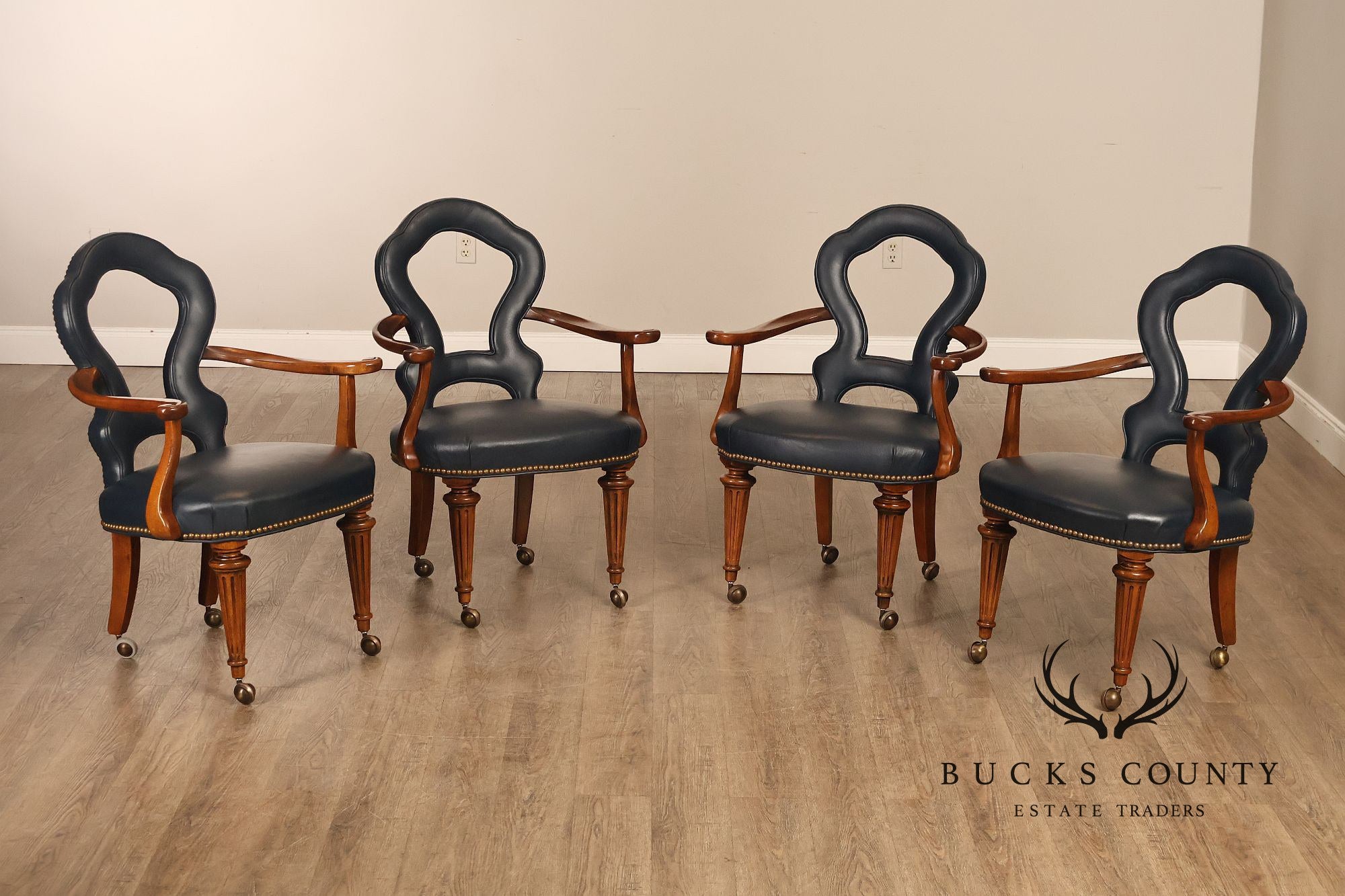 Century Furniture Regency Style Set Of Four Leather Upholstered Rolling Armchairs