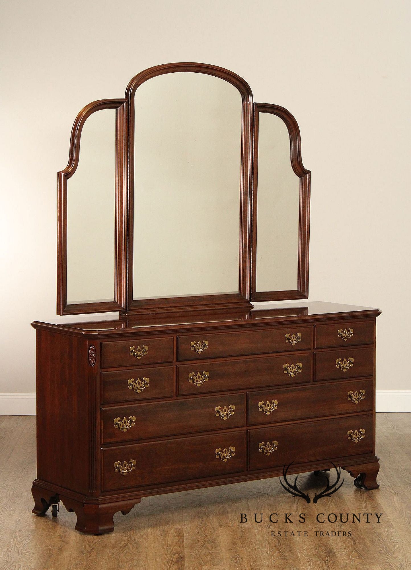 ETHAN ALLEN GEORGIAN COURT CHERRY DRESSER WITH TRI-FOLD MIRROR