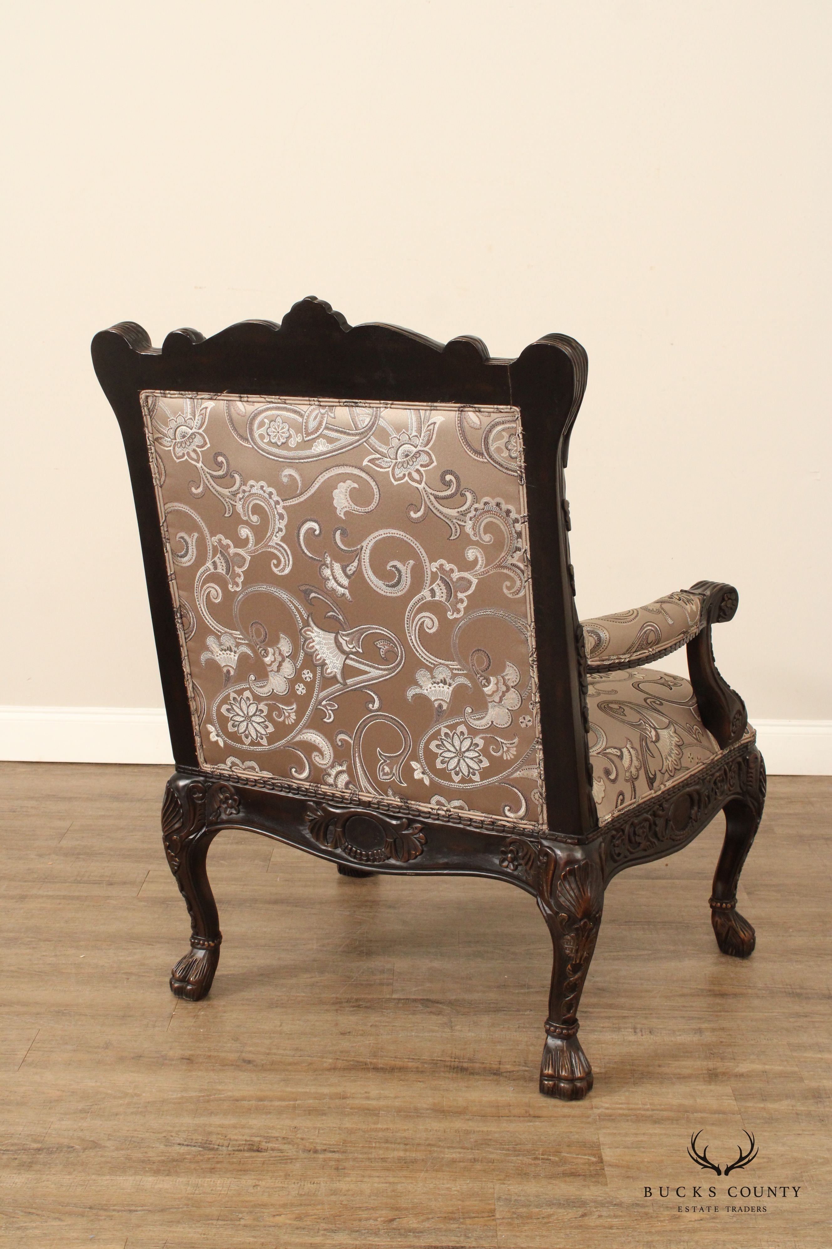 Modern Georgian Style Wide Seat Pair Of Carved Frame Custom Upholstered Armchairs With Ottoman