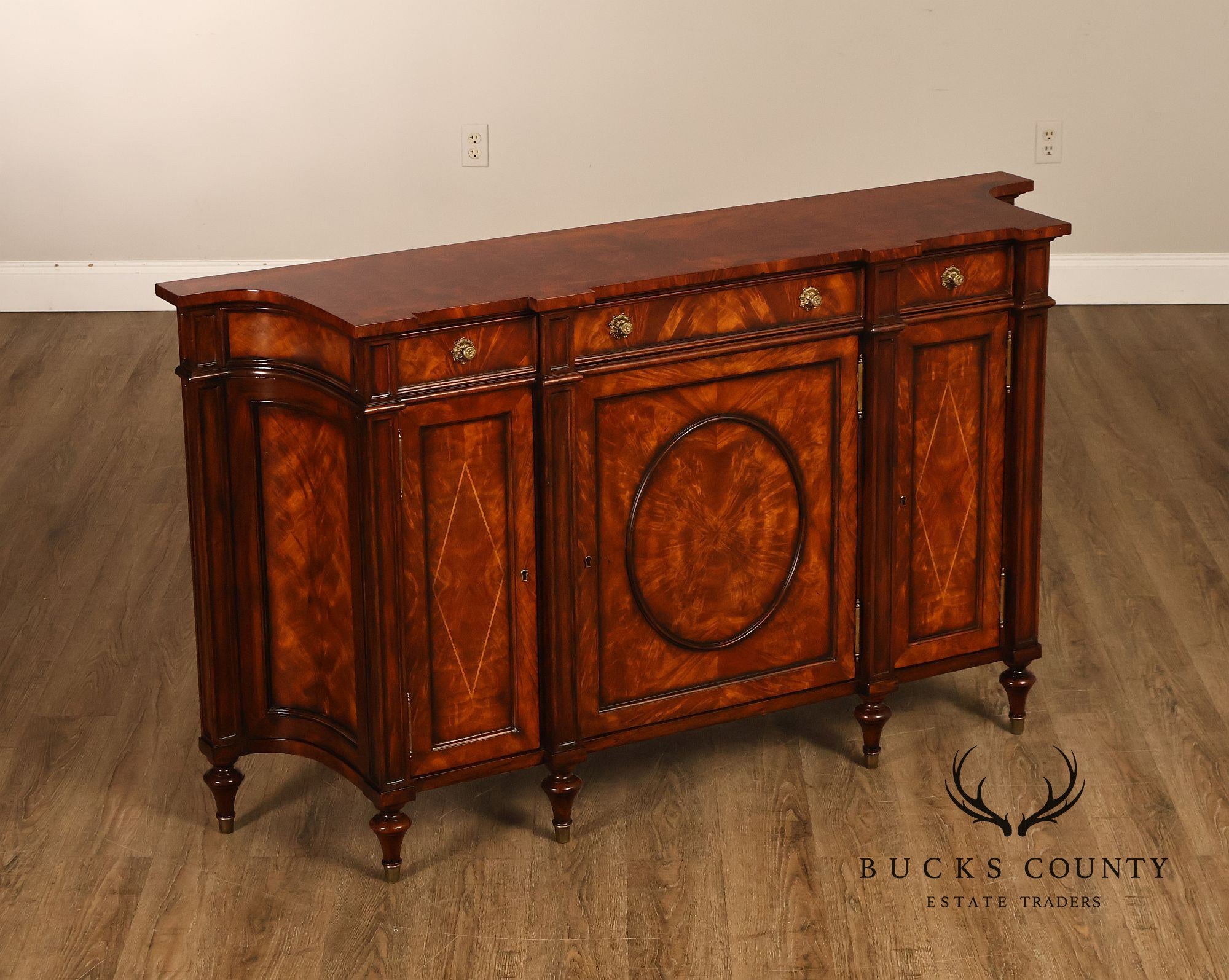 Theodore Alexander Replica Concave Mahogany And Burl Mahogany Sideboard Cabinet