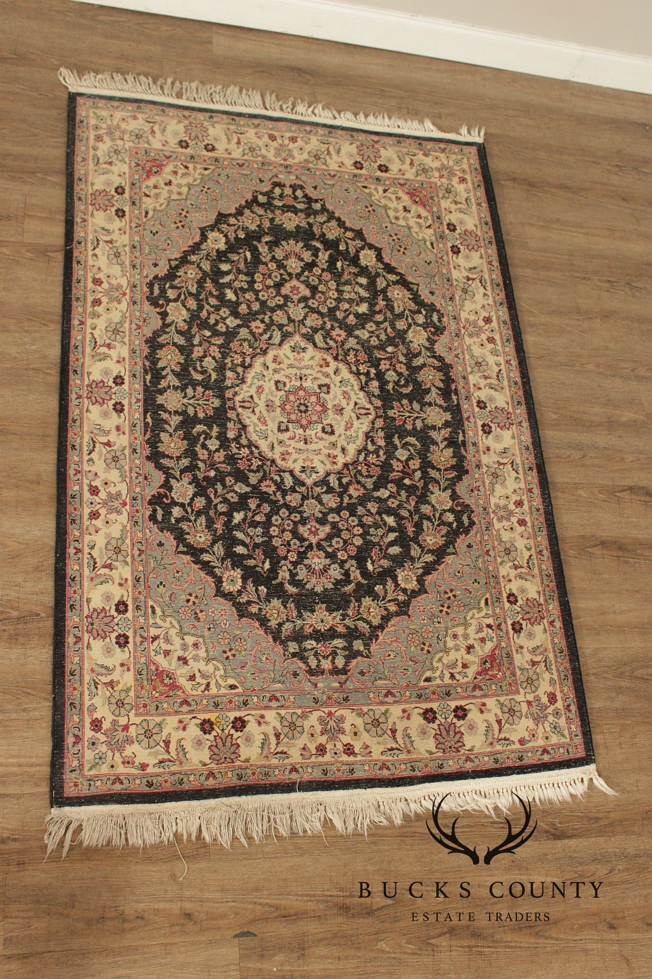 Persian Floral Medallion Style Wool Area Rug With Black Field 4.2 X 6.8