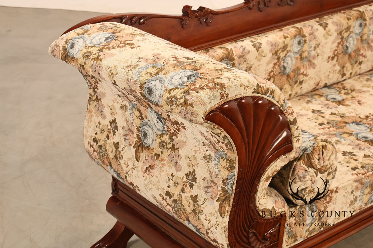 Victorian Style Carved Floral Upholstered Sofa