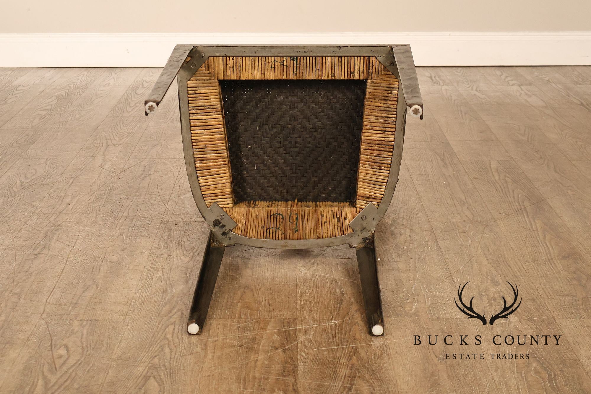 Biedermeier Style Pair Of Forged Iron And Woven Rattan Side Chairs